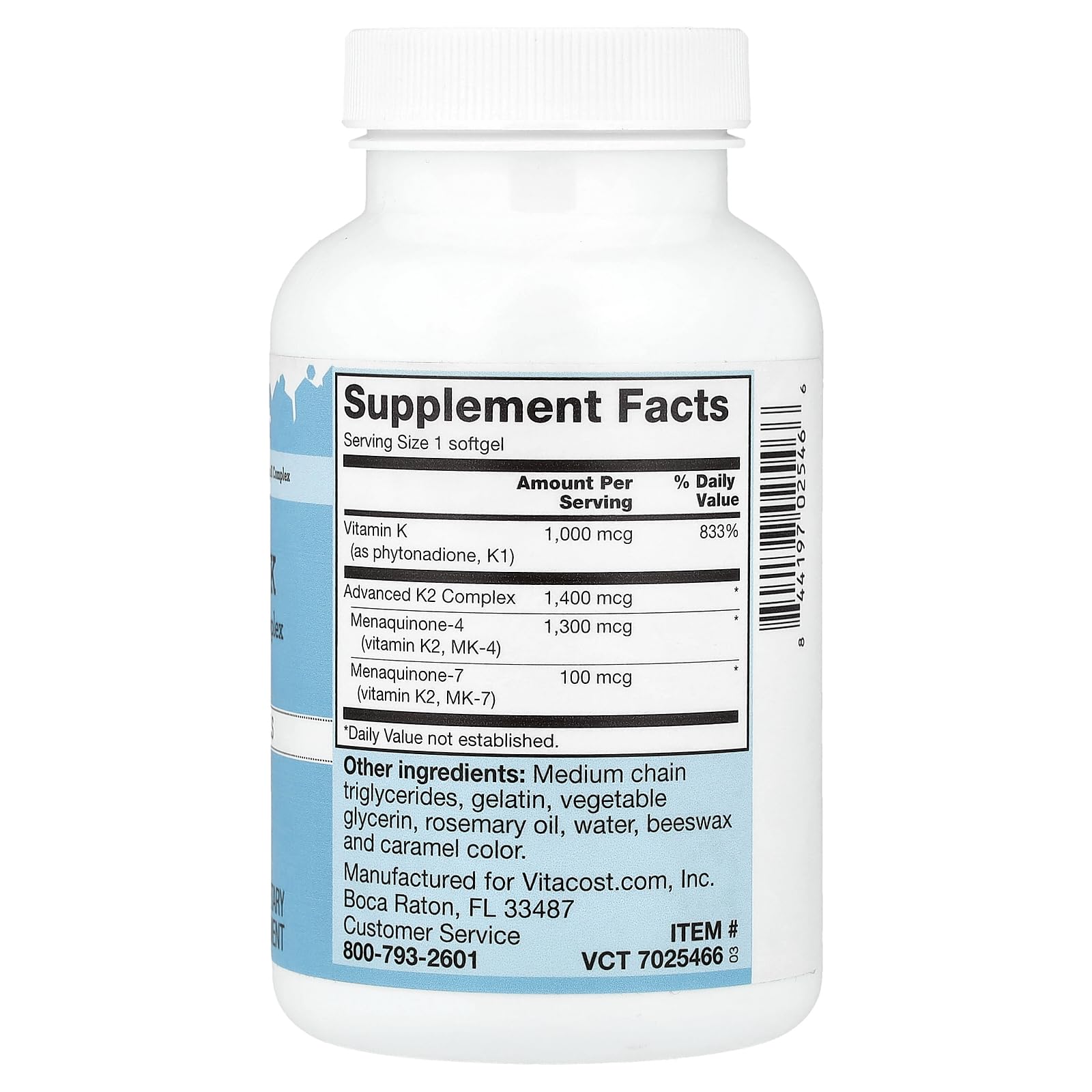 Vitacost Vitamin K Complex side view showing ingredients