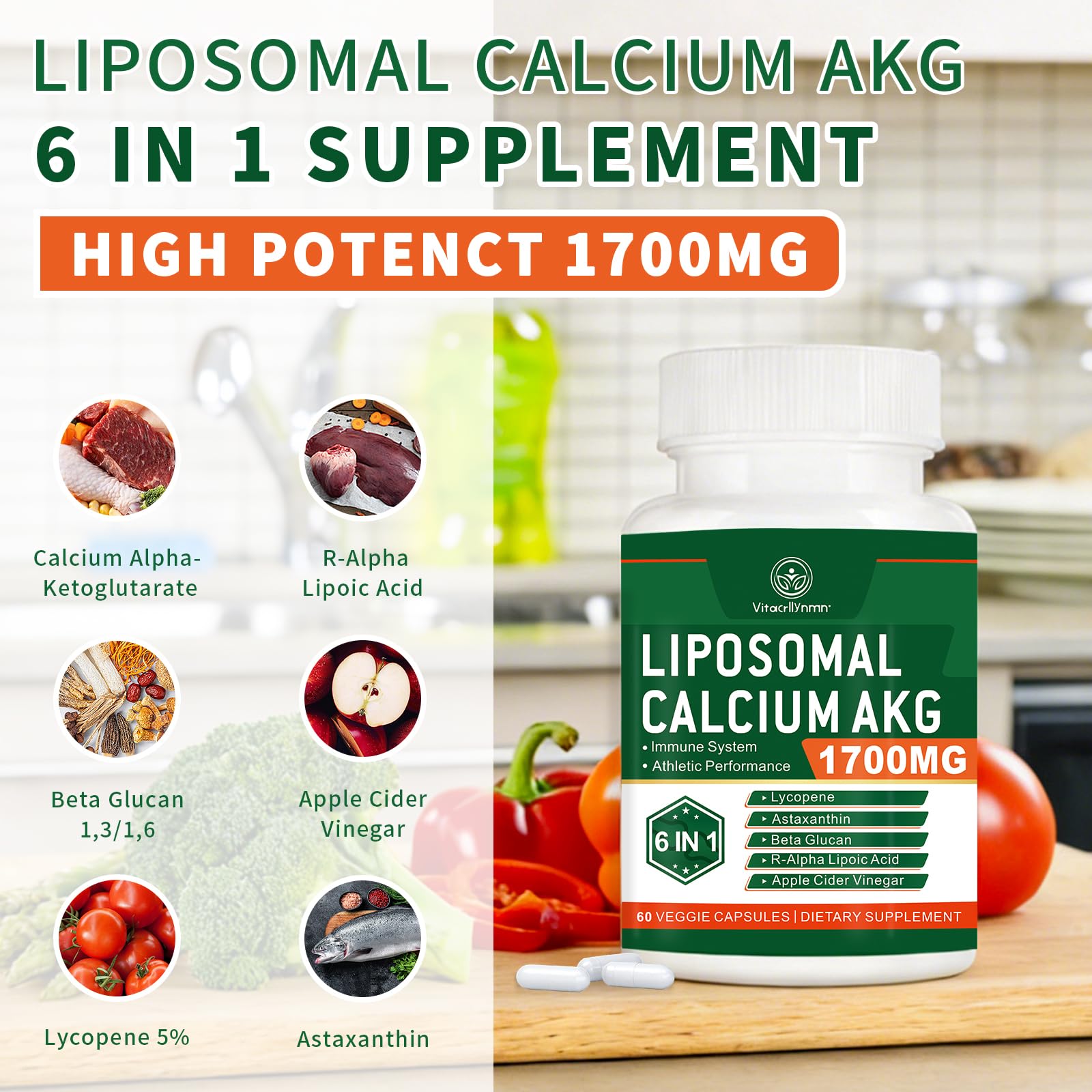 VITACRLLYNMN Calcium AKG Supplement 1700mg capsule close-up