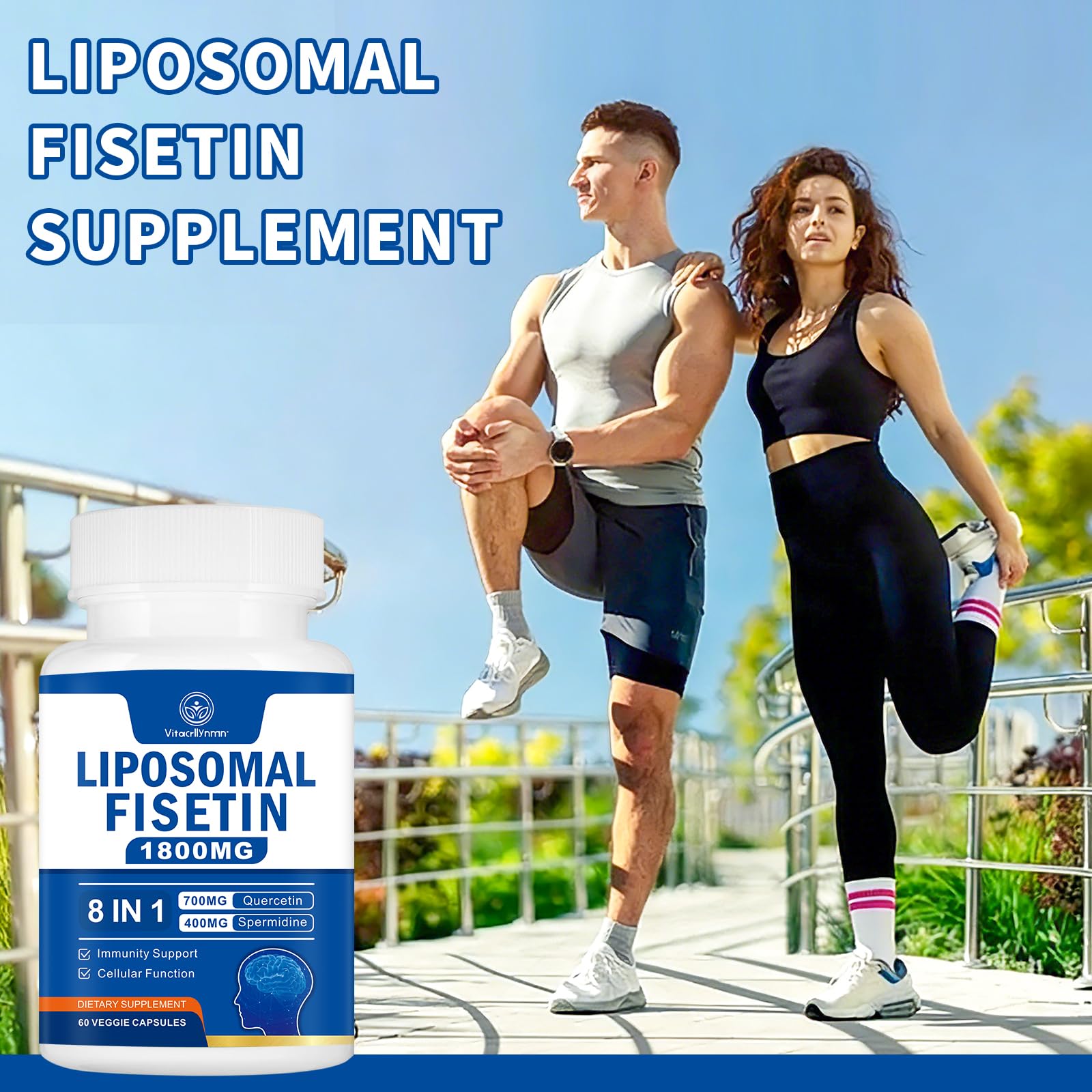 VITACRLLYNMN Fisetin Supplement on a wooden table