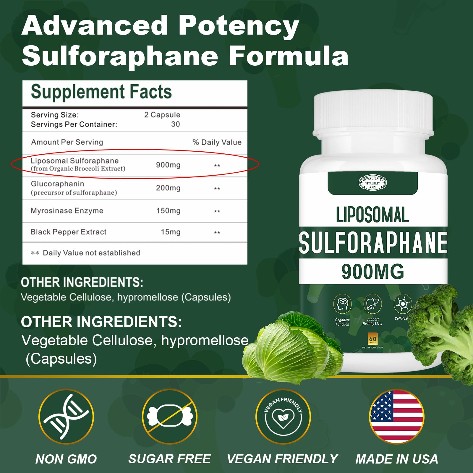 VITACRLLYNMN Liposomal Sulforaphane 900mg supplement side view