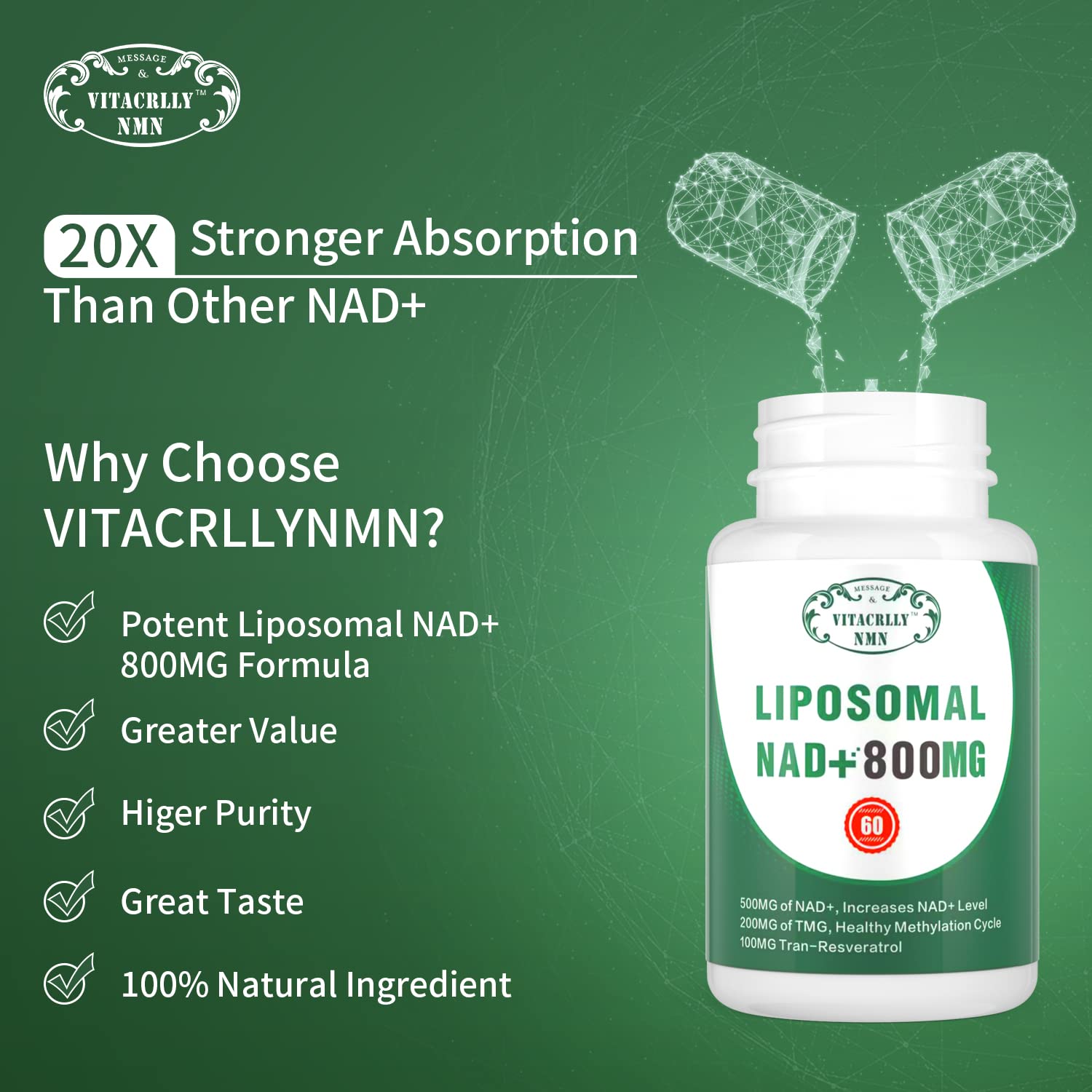 VITACRLLYNMN NAD+ Supplement Liposomal 800MG packaging