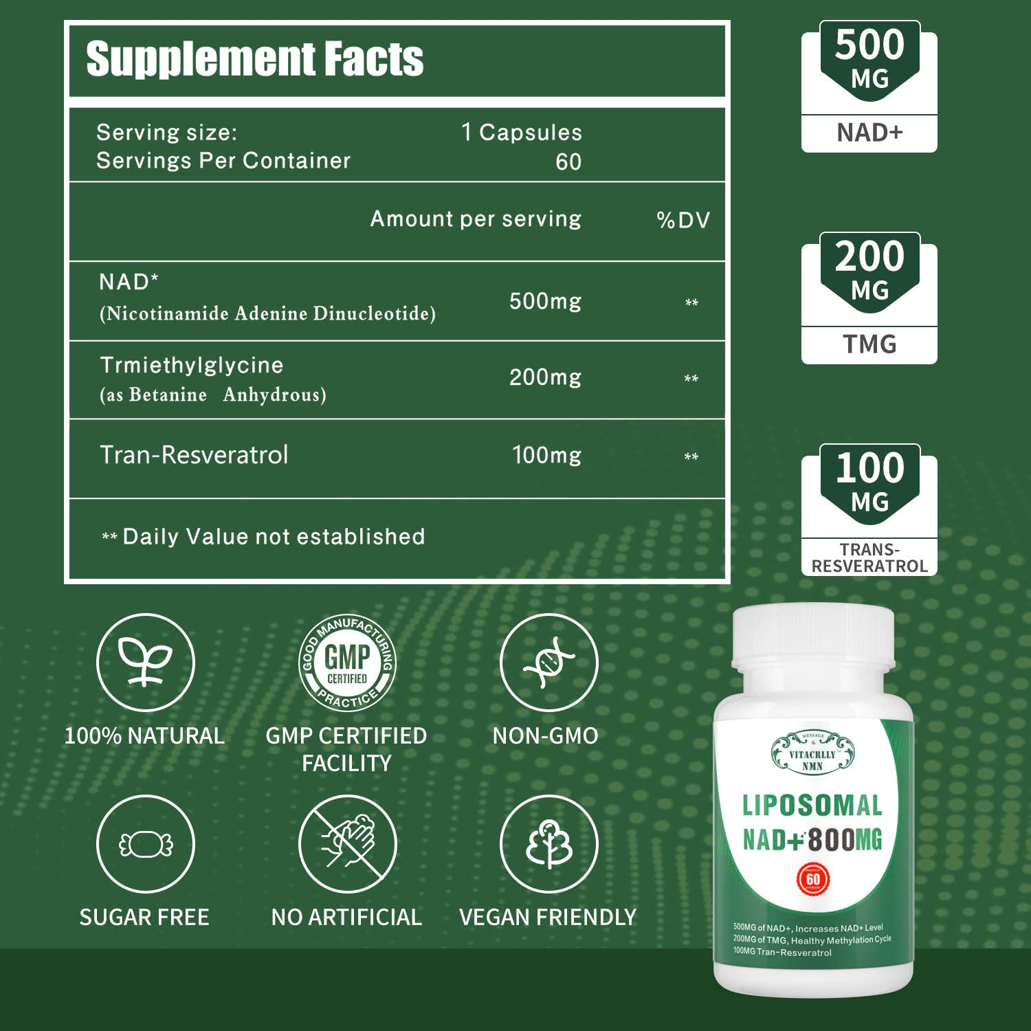 VITACRLLYNMN NAD+ Supplement Liposomal 800MG side view