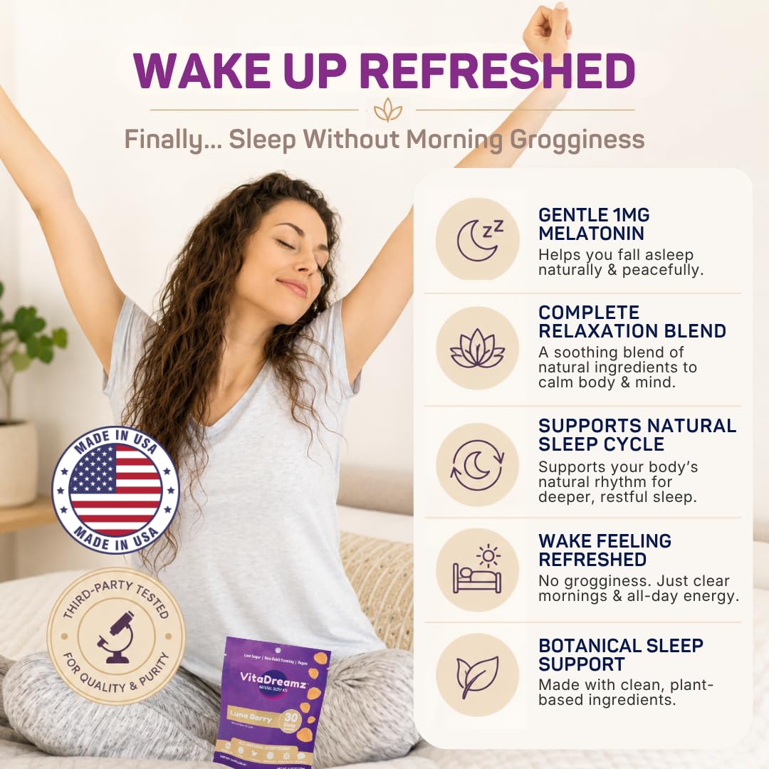 VitaDreamz Luna Berry Sleep Gummies side view with nutritional information