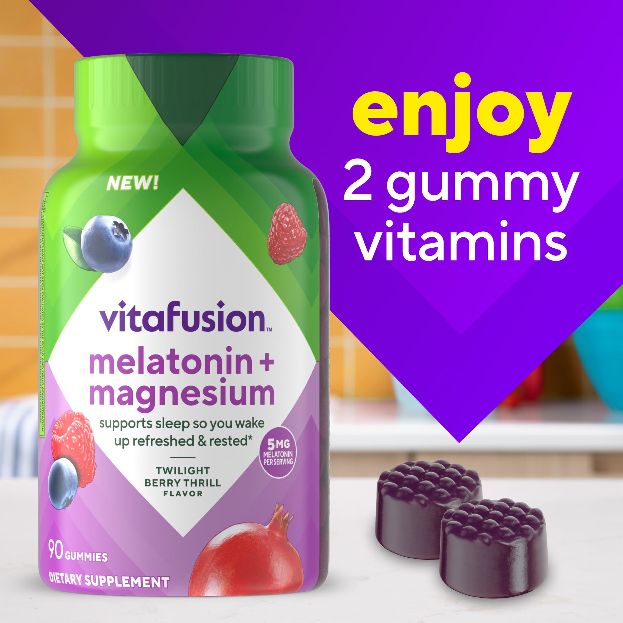 Vitafusion Melatonin and Magnesium Gummies in a bowl