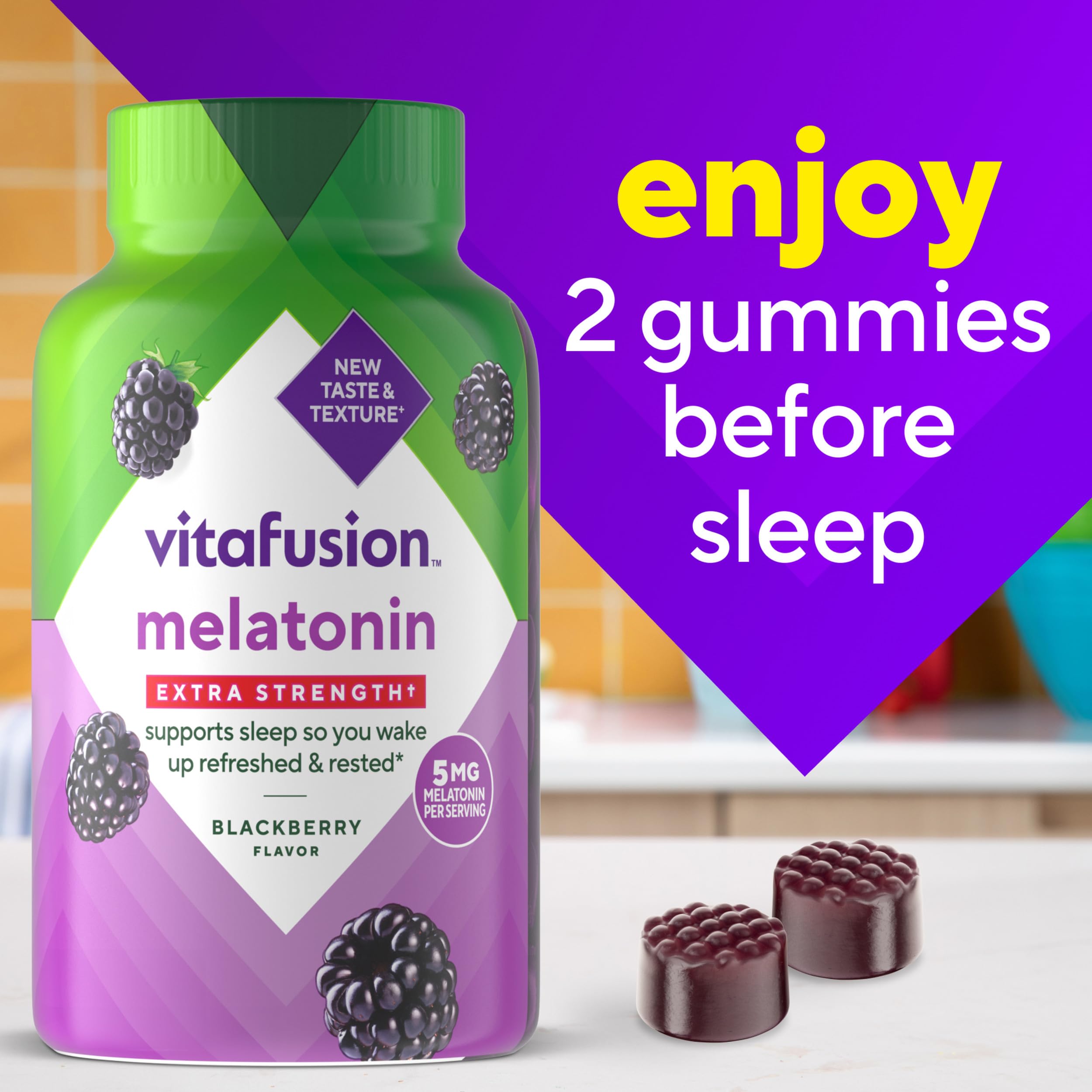 Vitafusion Melatonin Gummies on a wooden surface