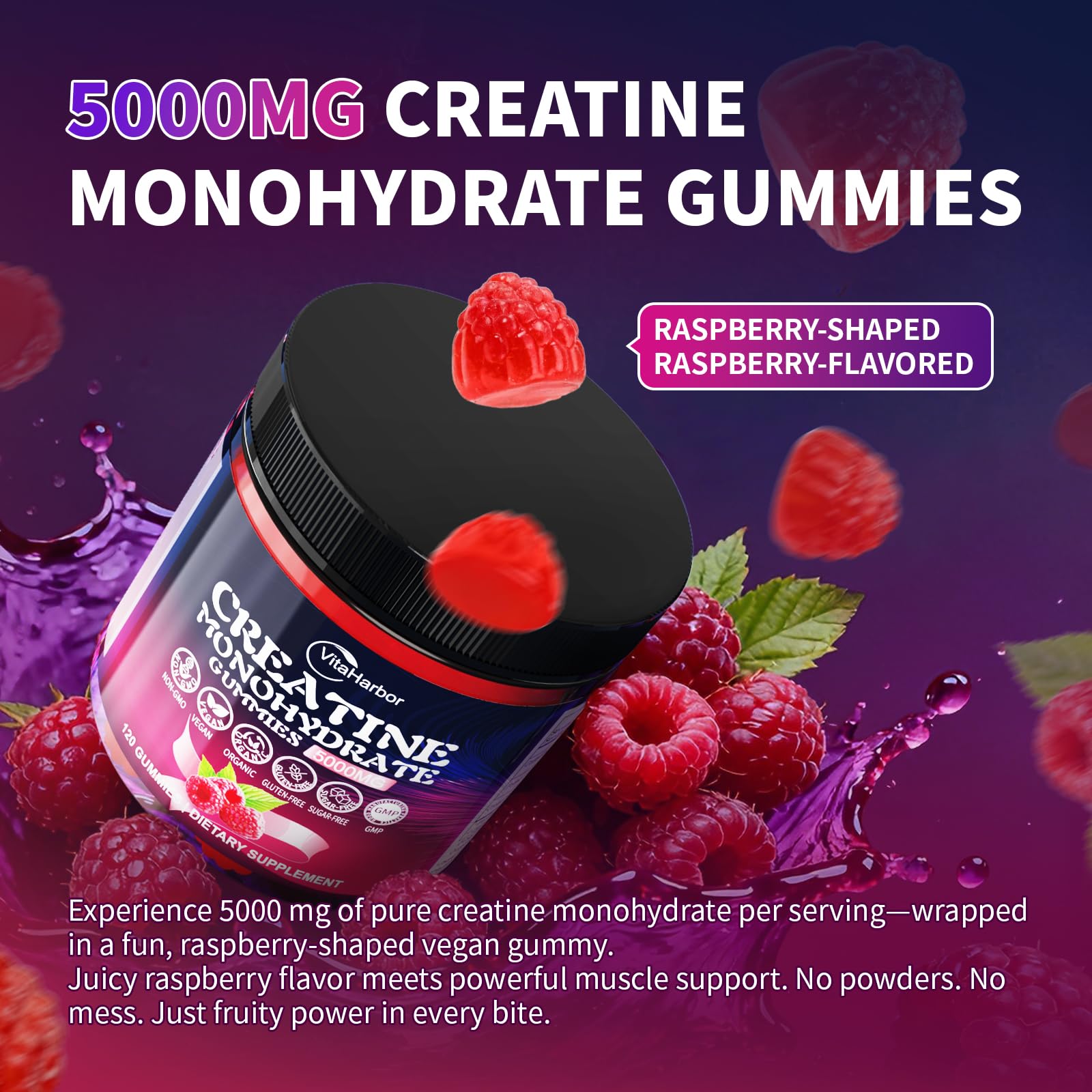 VitaHarbor Creatine Gummies displayed on a wooden table