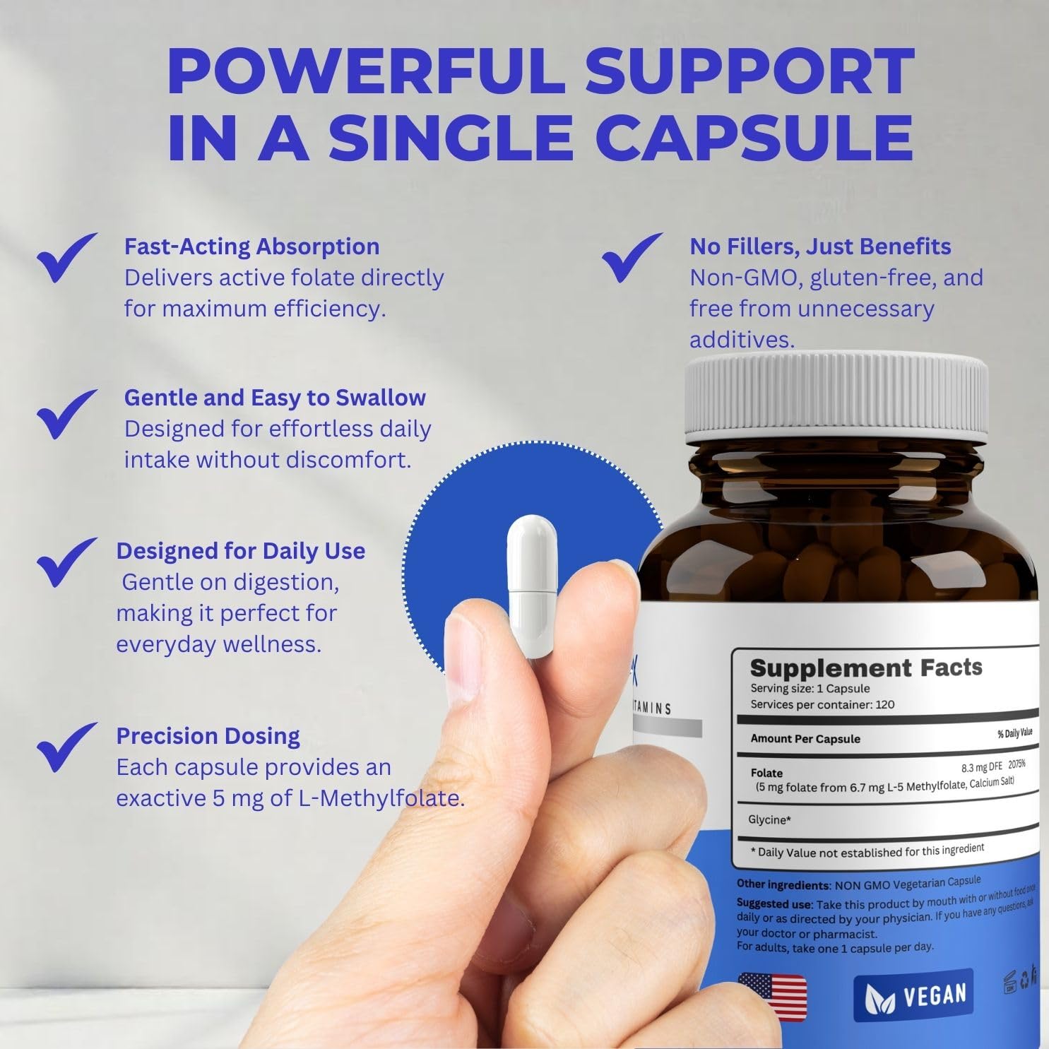 VITAJAX L-Methylfolate 5mg Capsules on a wooden table