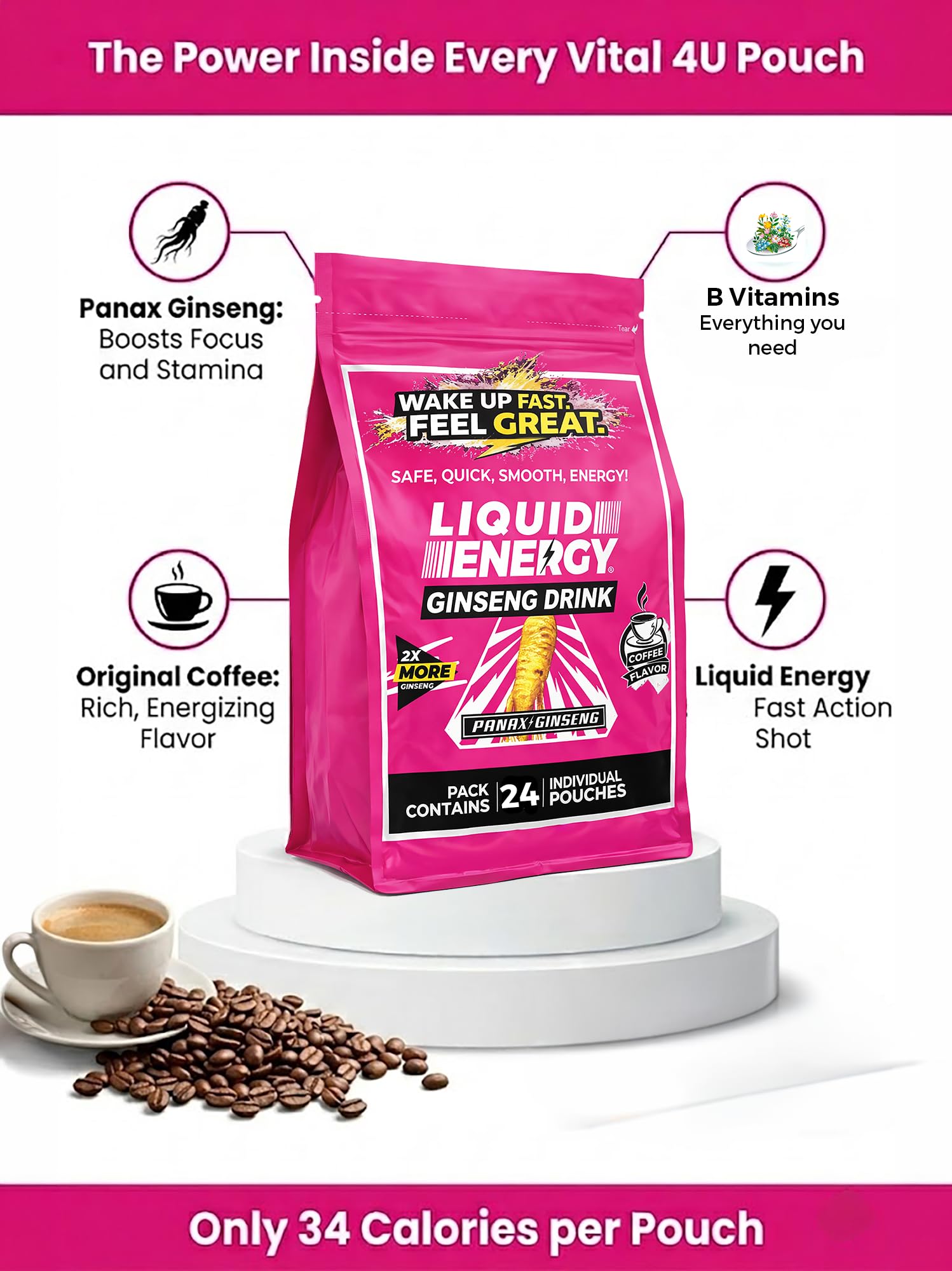 VITAL 4U Ginseng Energy Shots displayed with coffee