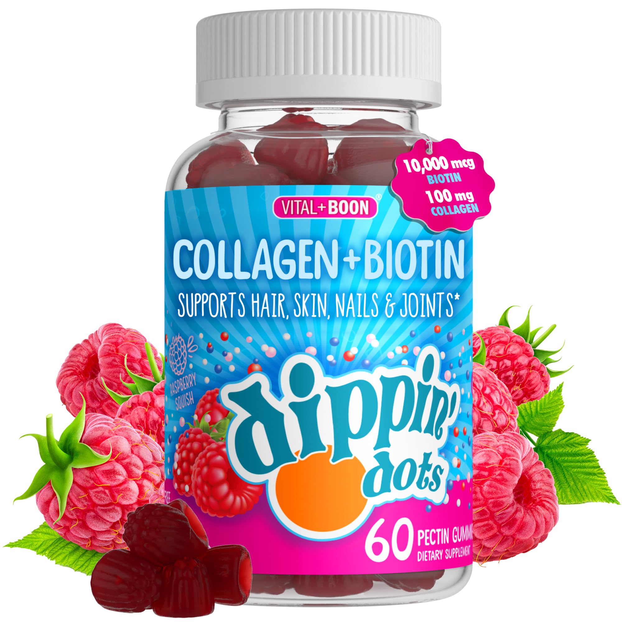 Vital+Boon Collagen Biotin Gummies front view with raspberry flavour
