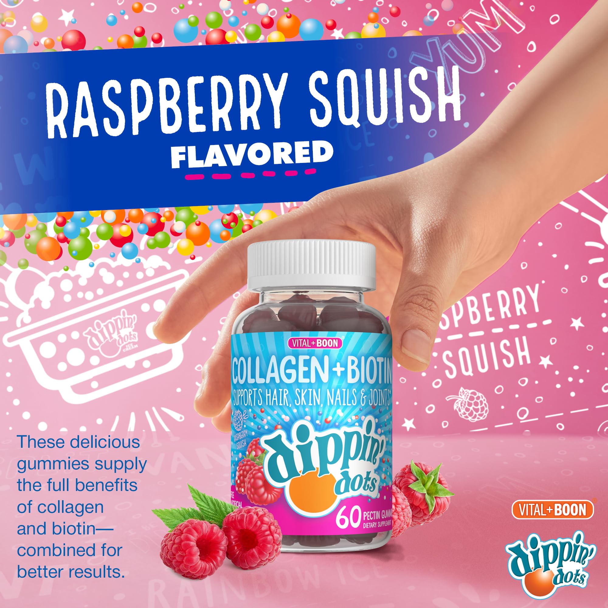 Vital+Boon Collagen Biotin Gummies with fresh raspberries