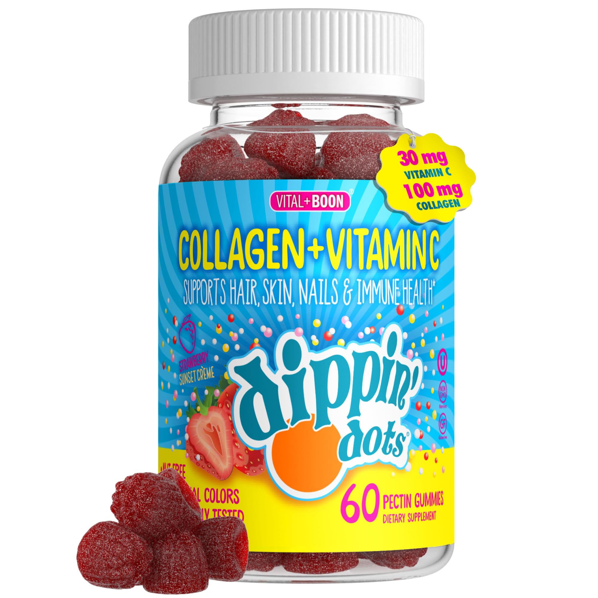 Vital+Boon Collagen Gummies bottle front view with Strawberry Sunset Crème label
