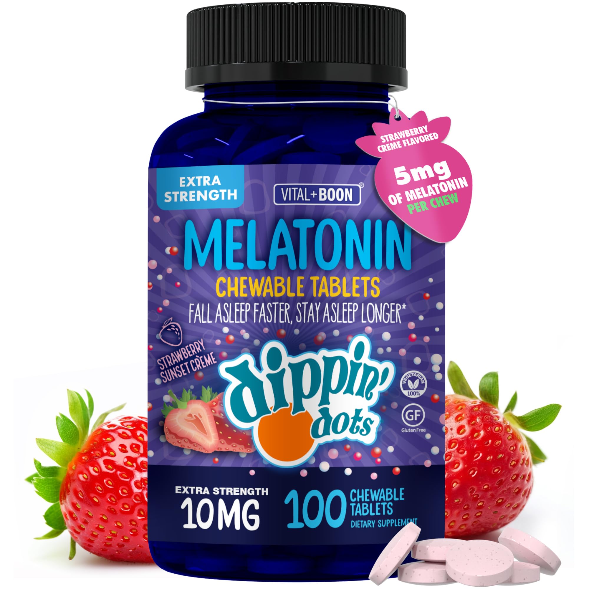 Vital+Boon Dippin' Dots Chewable Melatonin Tablets 10mg on a nightstand