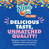 Vital+Boon Dippin' Dots Kids Melatonin Gummies with a glass of water