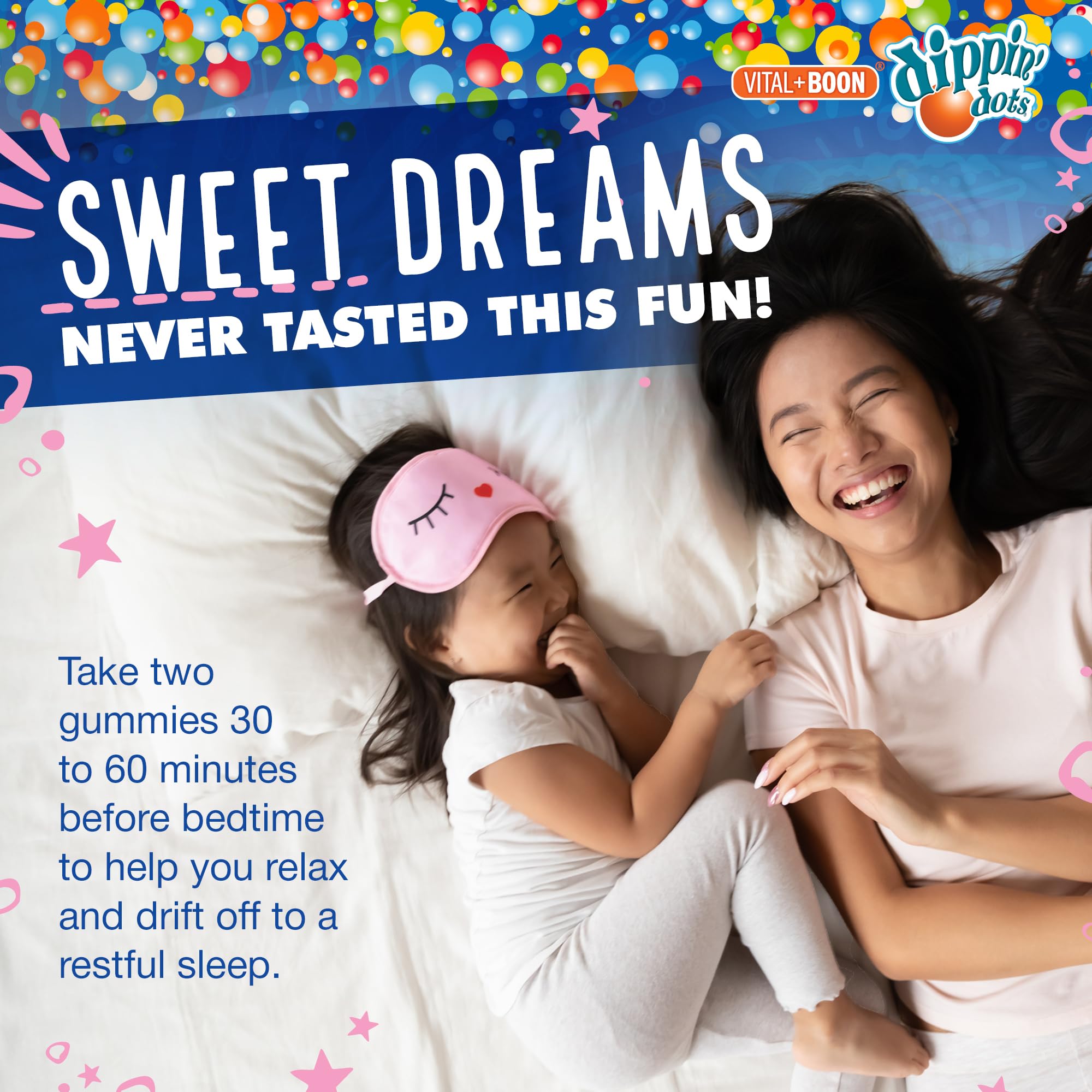 Vital+Boon Kids Melatonin Gummies displayed with two gummies