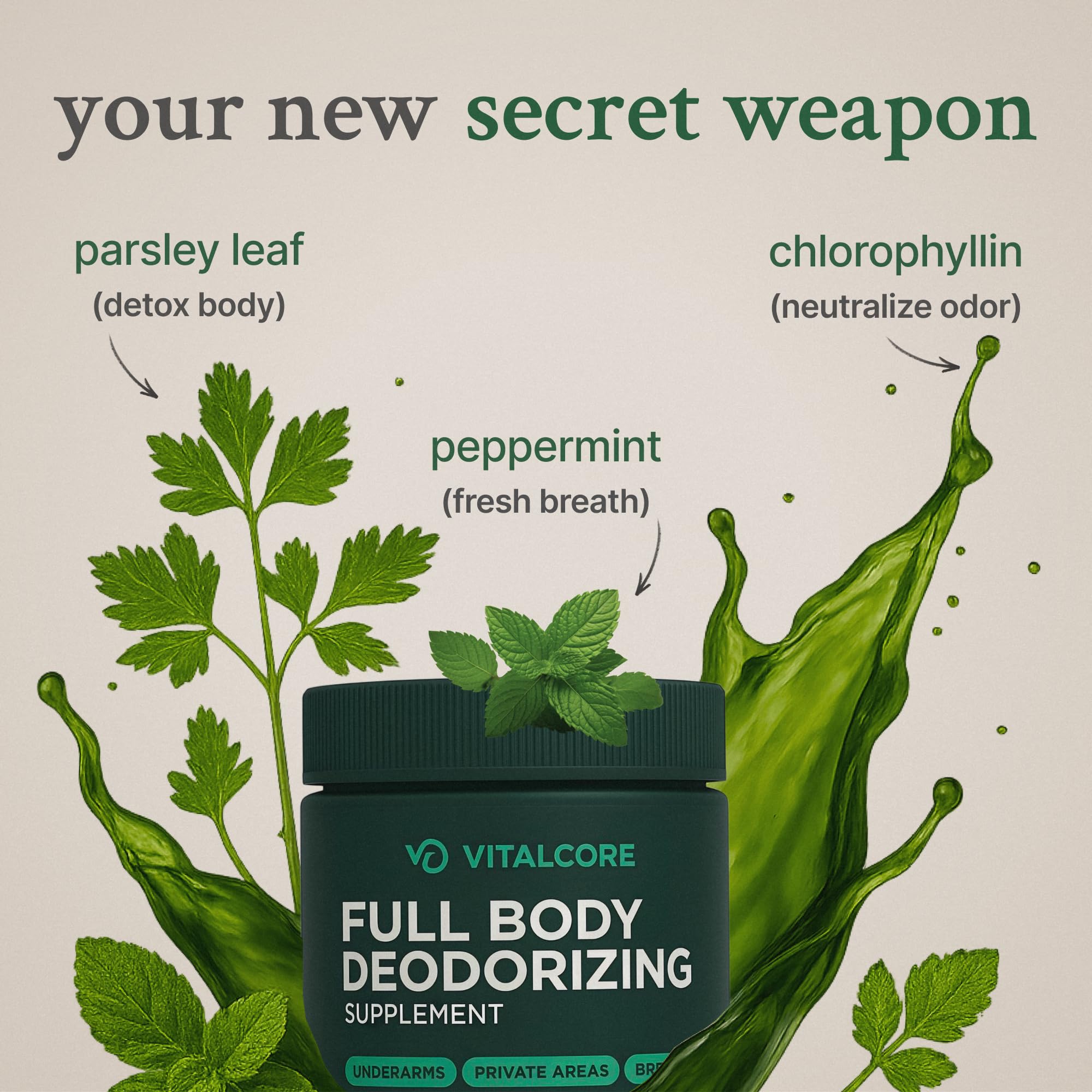 Vital Core Body Deodorizing Supplement capsules close-up