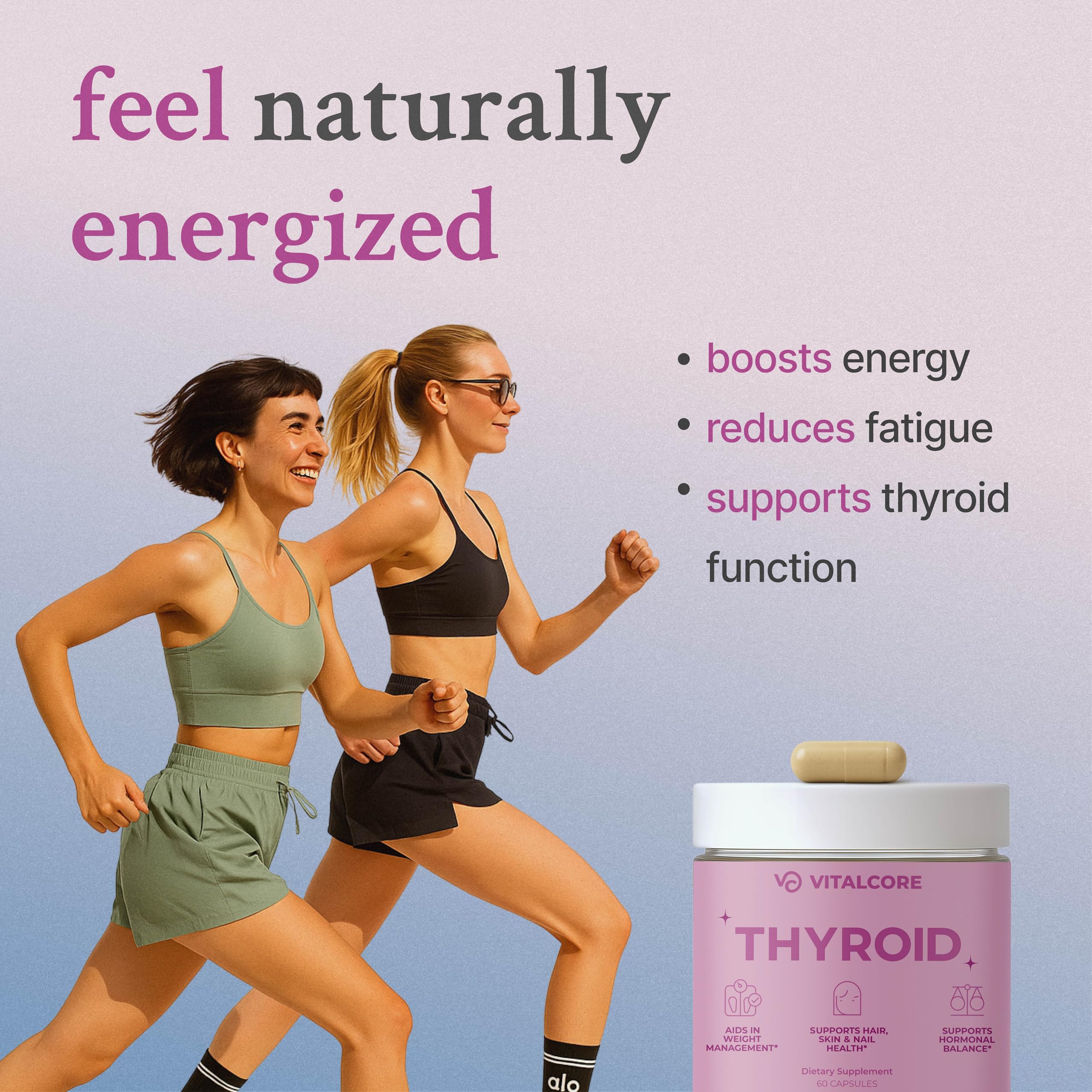 Vital Core Thyroid Extract capsules on a wooden surface