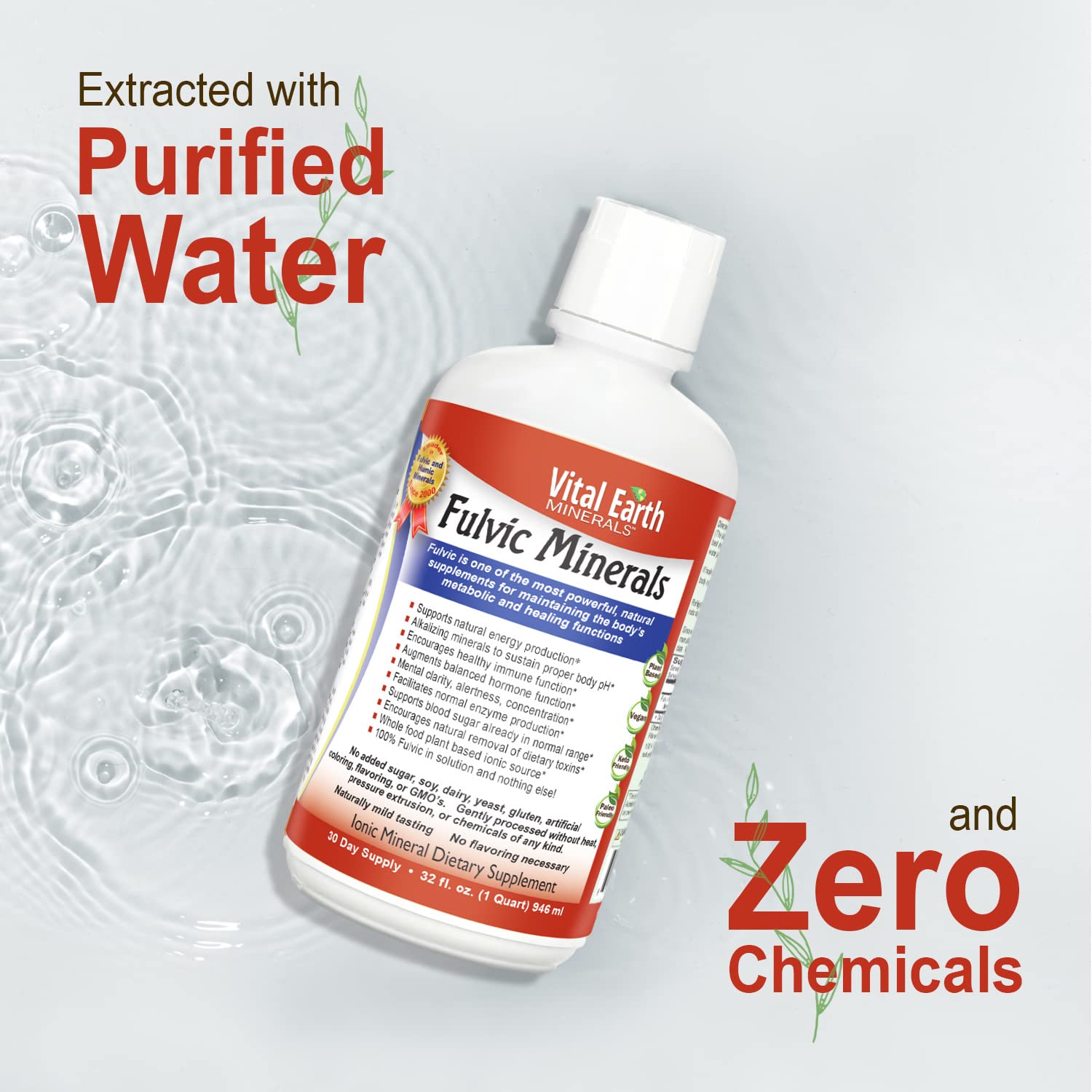 Vital Earth Minerals Fulvic Acid bottle on a kitchen counter