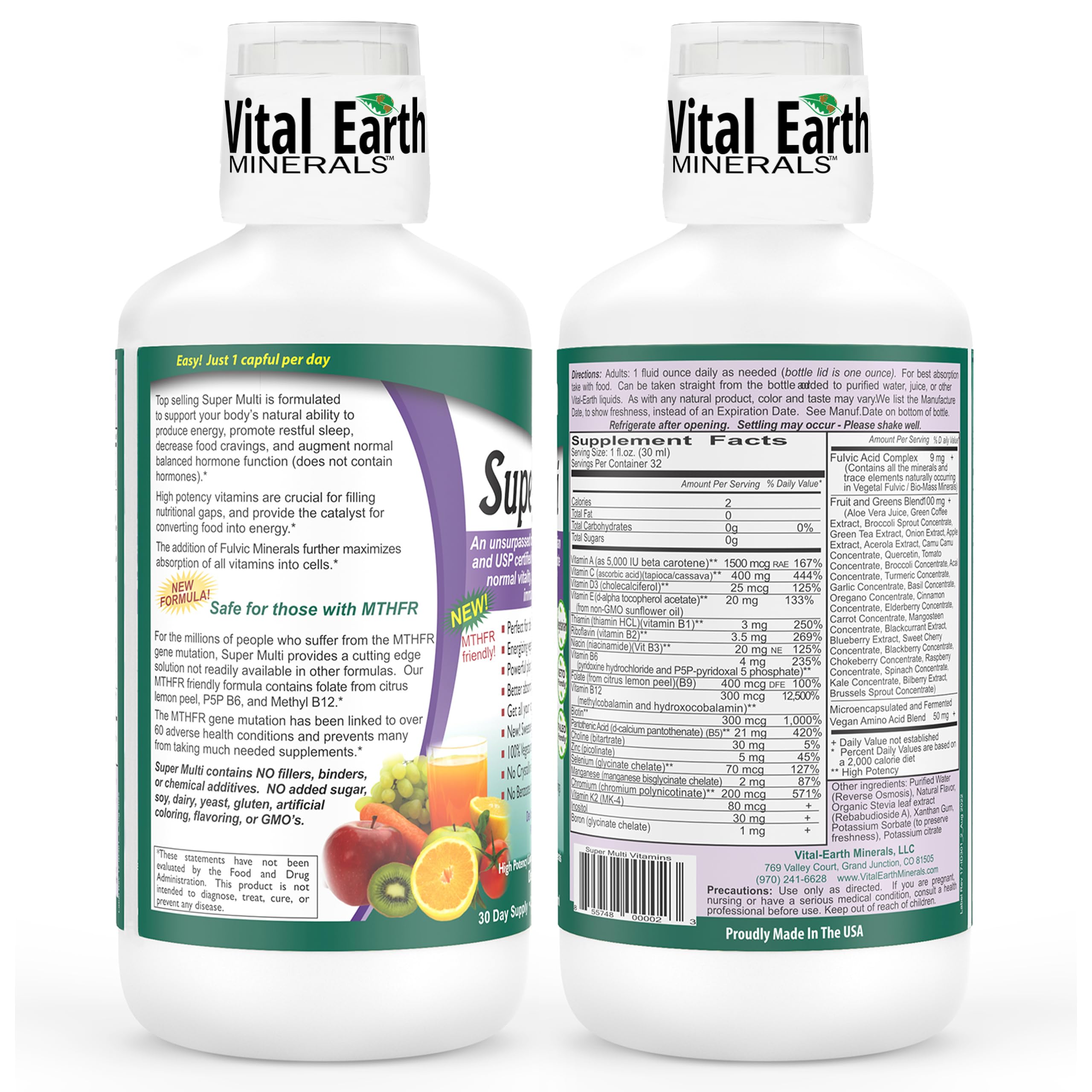 Vital Earth Minerals Super Multi Liquid Multivitamins 32 Oz bottle back view