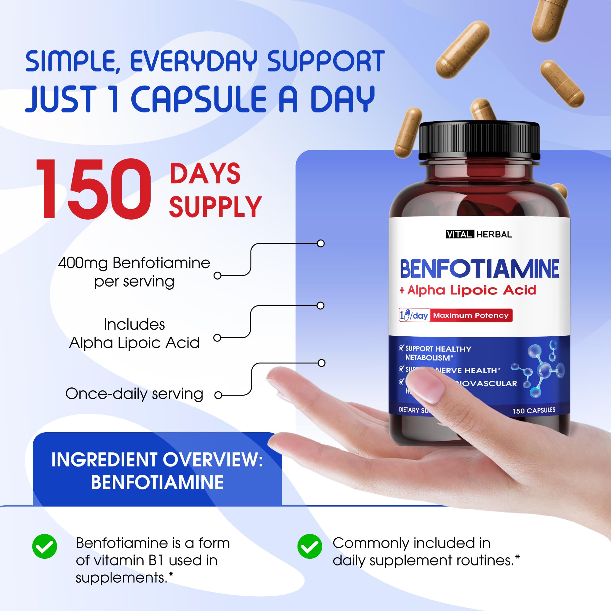 VITAL HERBAL Liposomal Benfotiamine 150 capsules with label details