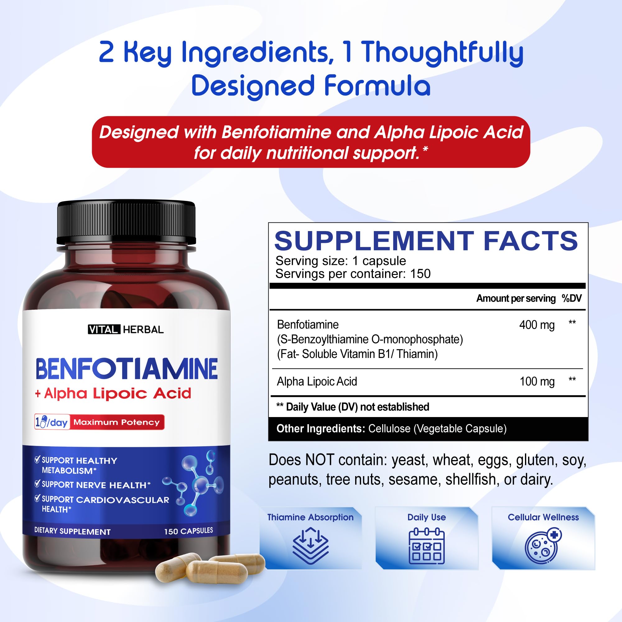 VITAL HERBAL Liposomal Benfotiamine capsules on a wooden surface