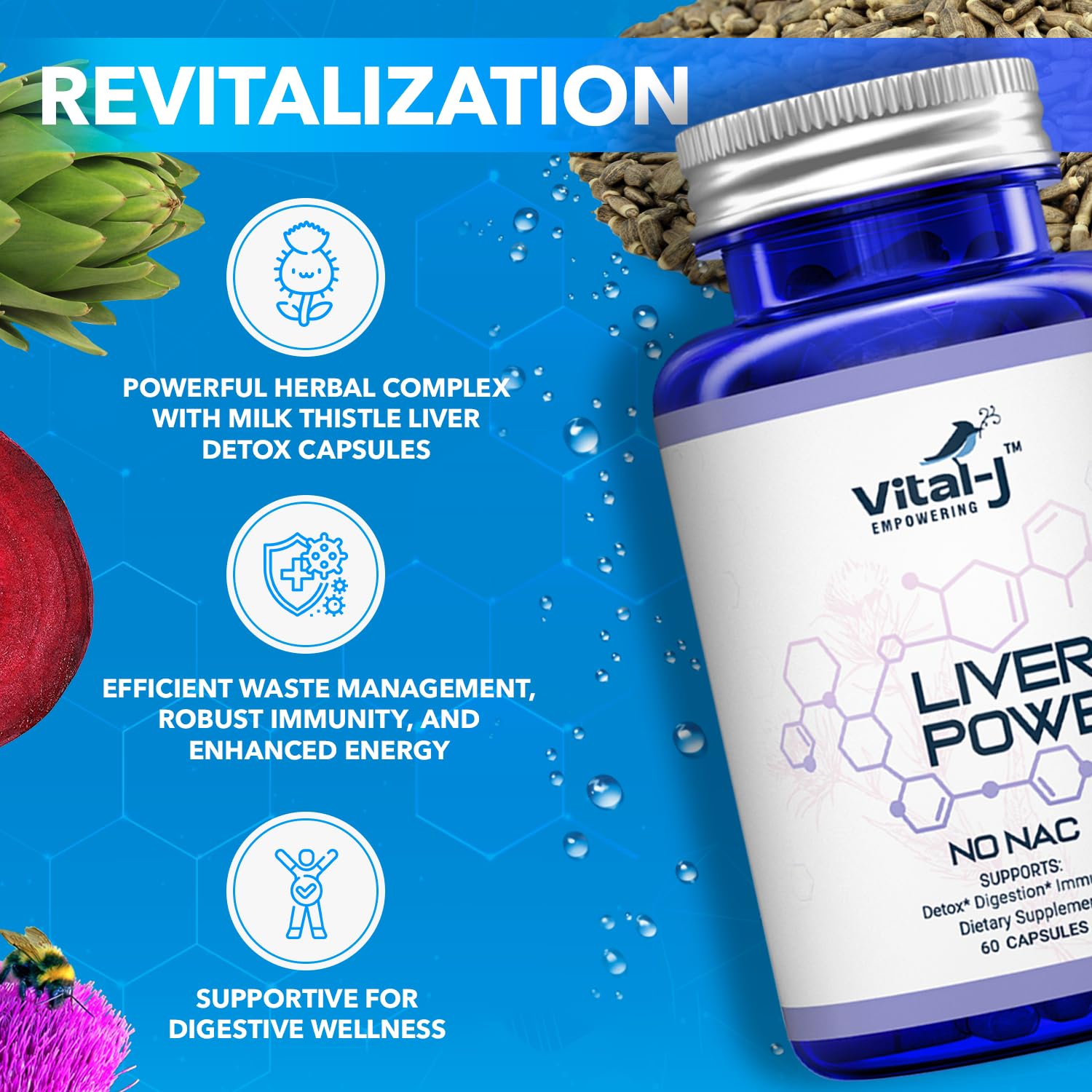 Vital-J Empowering Milk Thistle Herbal Supplement back view of packaging