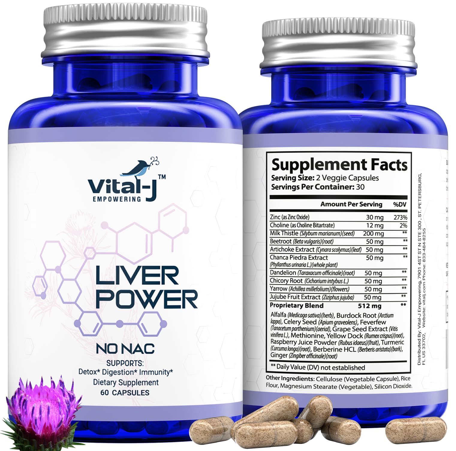 Vital-J Empowering Milk Thistle Herbal Supplement side view of capsules