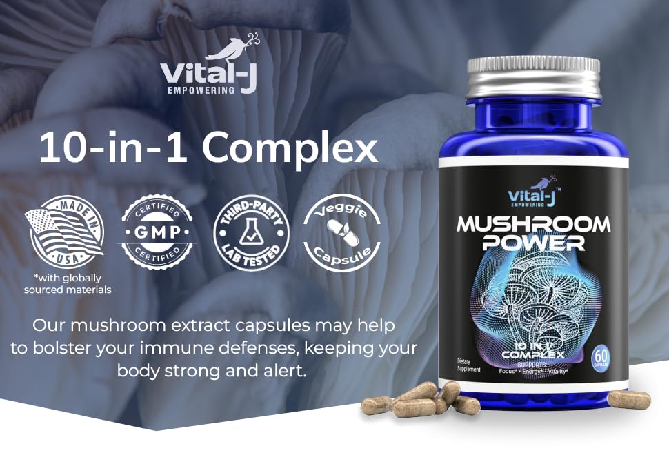 Vital-J Empowering Mushroom Blend Capsules bottle with label