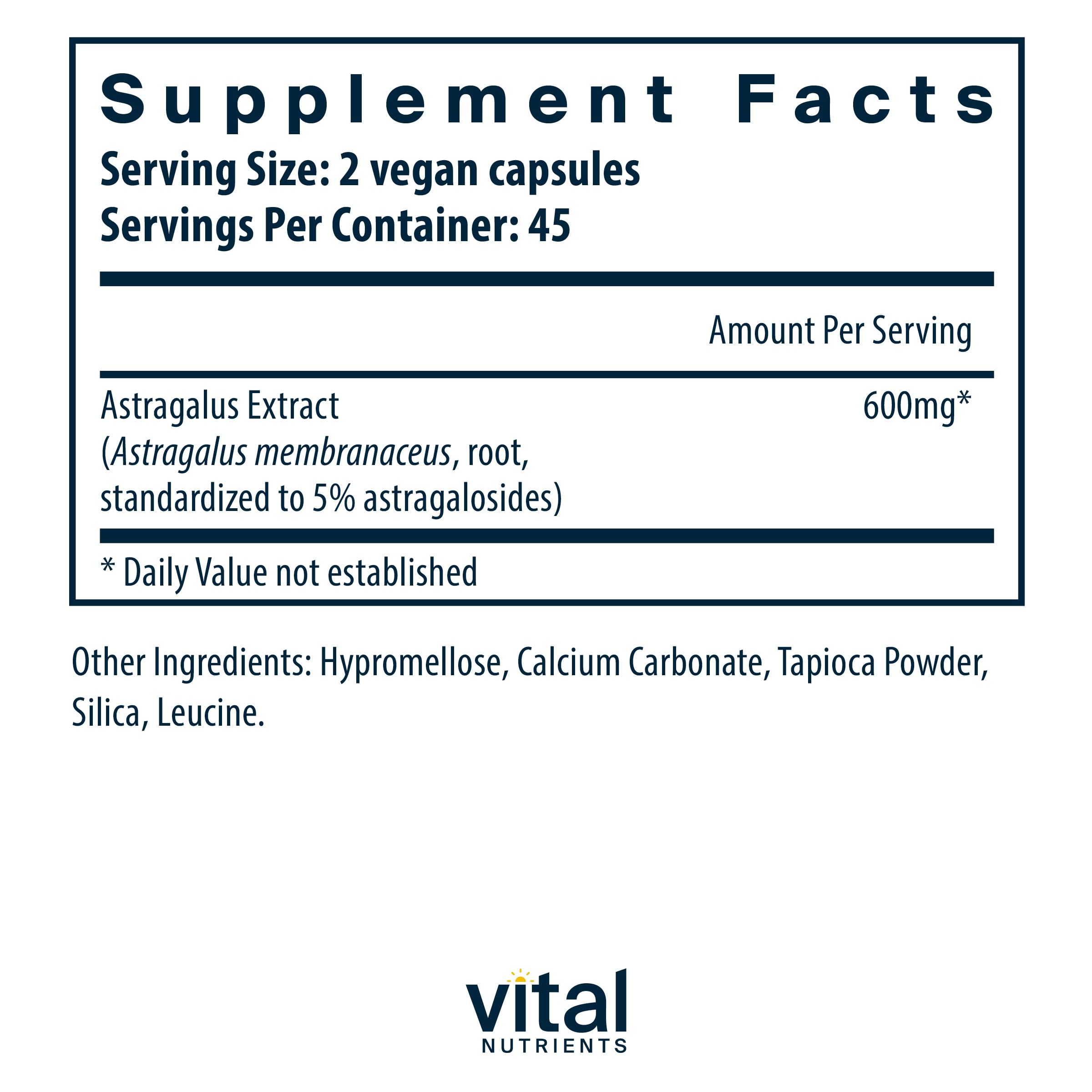 Vital Nutrients Astragalus 600mg vegan capsules side view