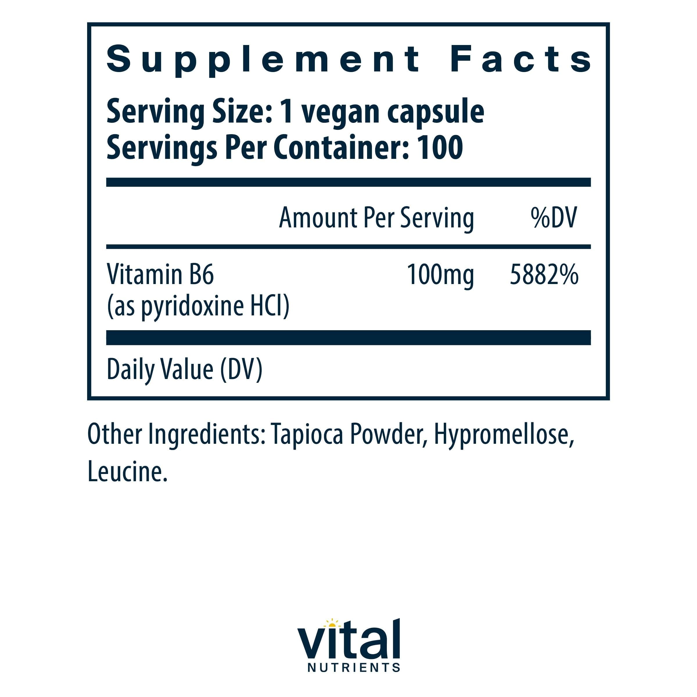 Vital Nutrients B6 (Pyridoxal Phosphate) 100mg vegan capsules side view