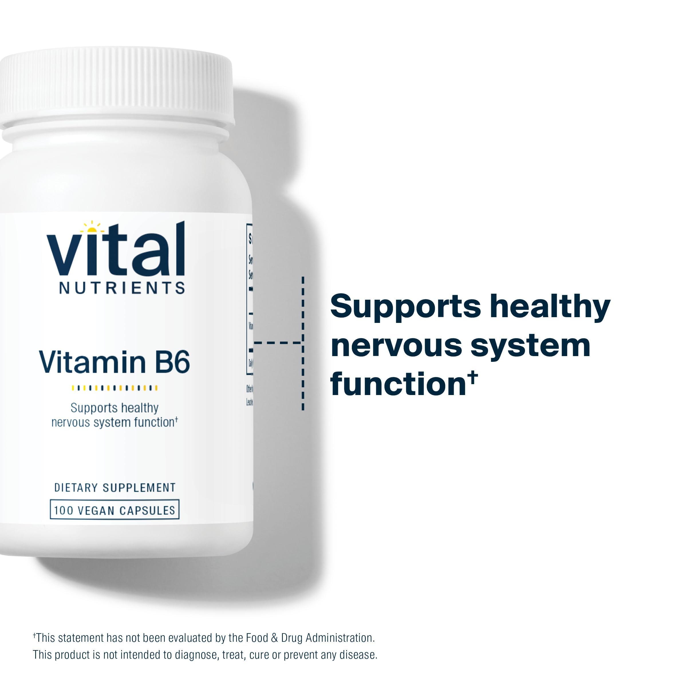 Vital Nutrients B6 (Pyridoxal Phosphate) 100mg vegan capsules with a measuring spoon
