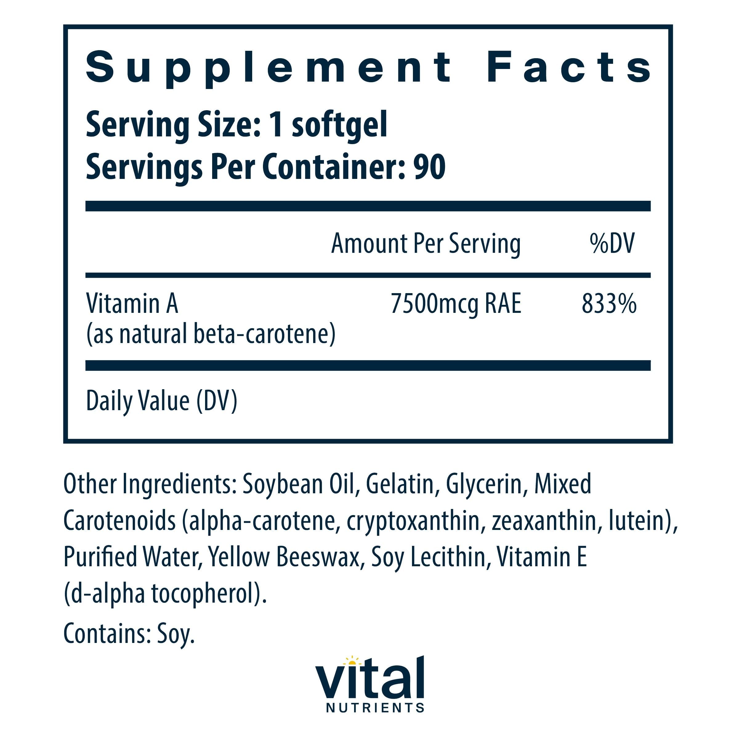Vital Nutrients Beta Carotene 7500mcg Softgels bottle side view