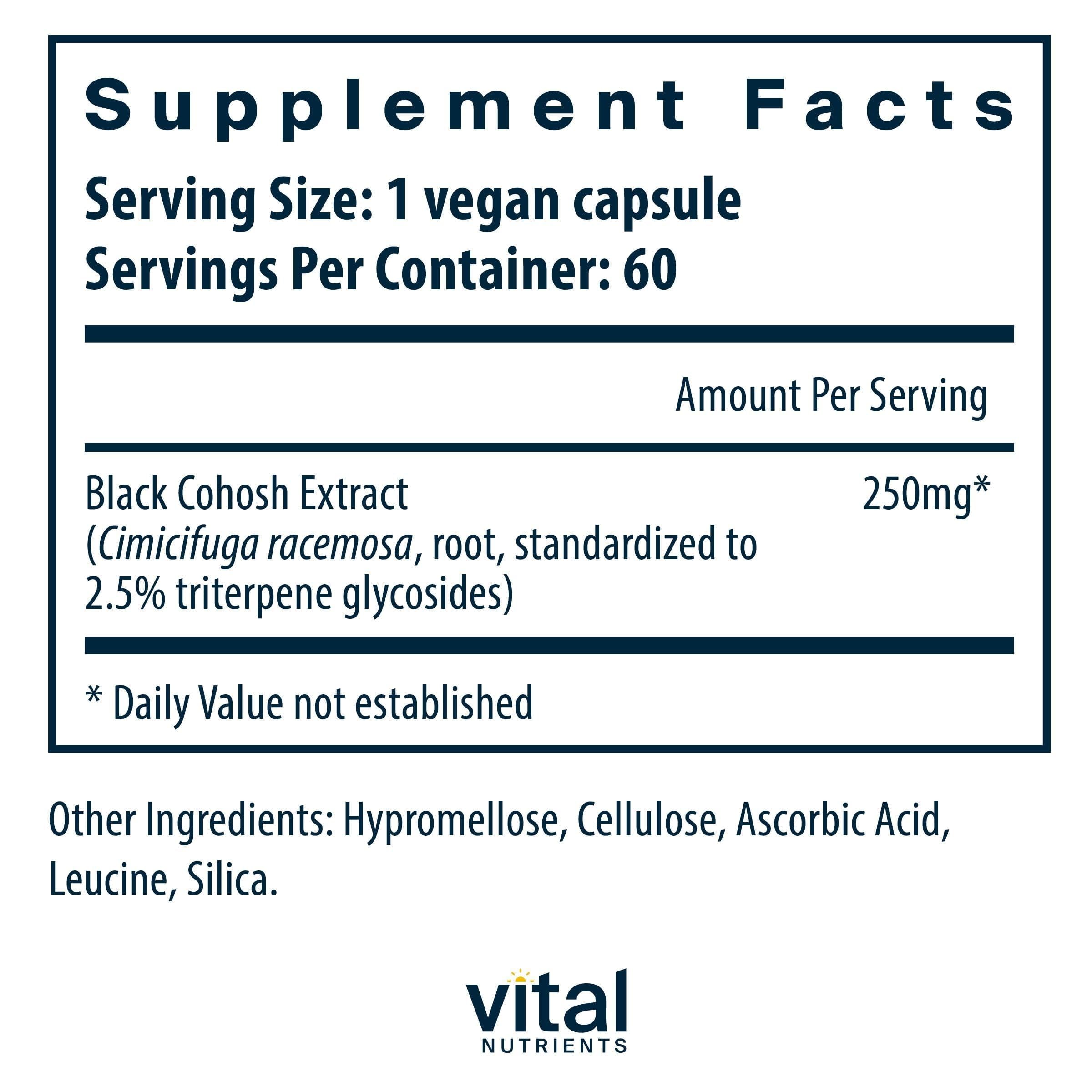 Vital Nutrients Black Cohosh Supplement back view with ingredient details