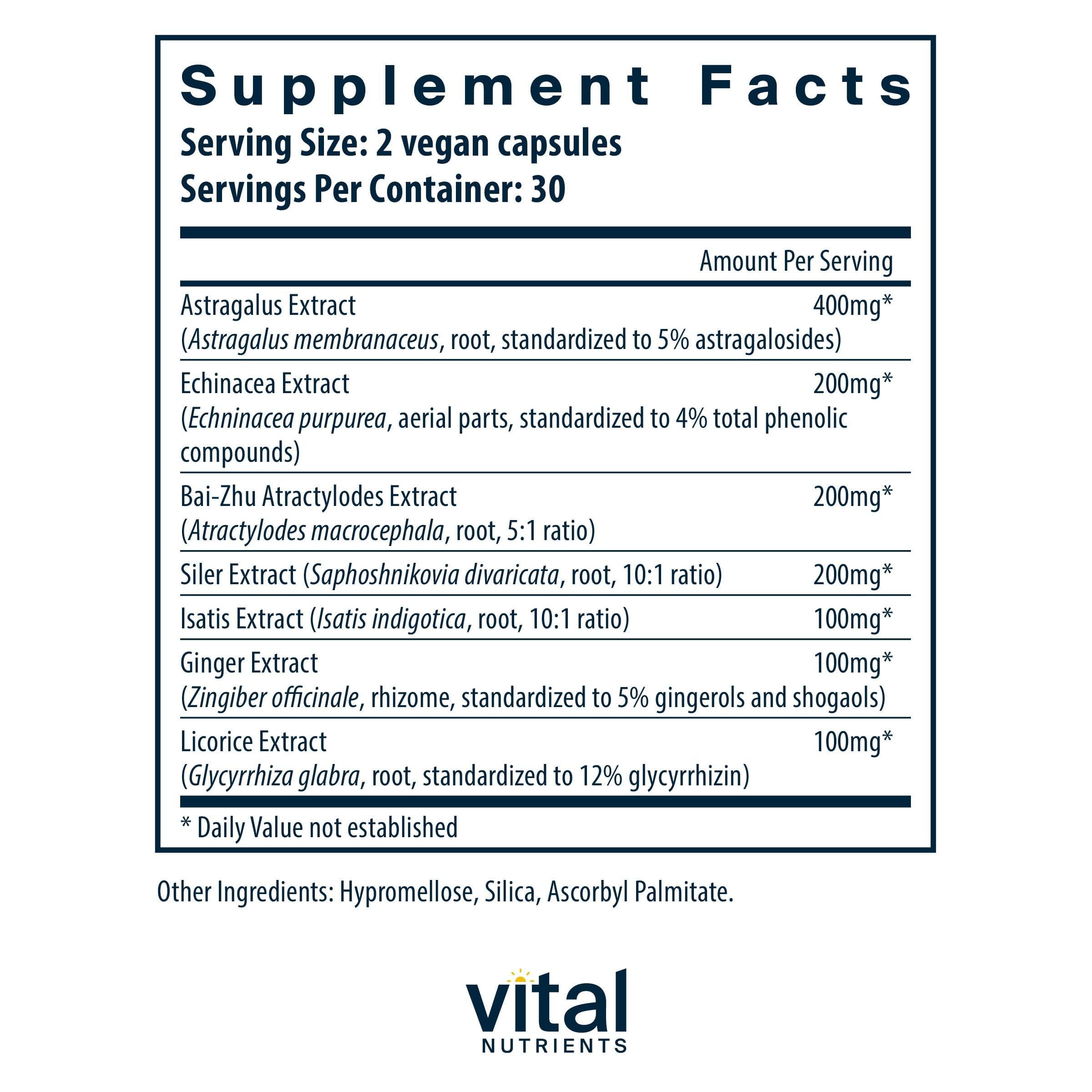 Vital Nutrients daily wellness Support Herbal Supplement 60 Capsules side view