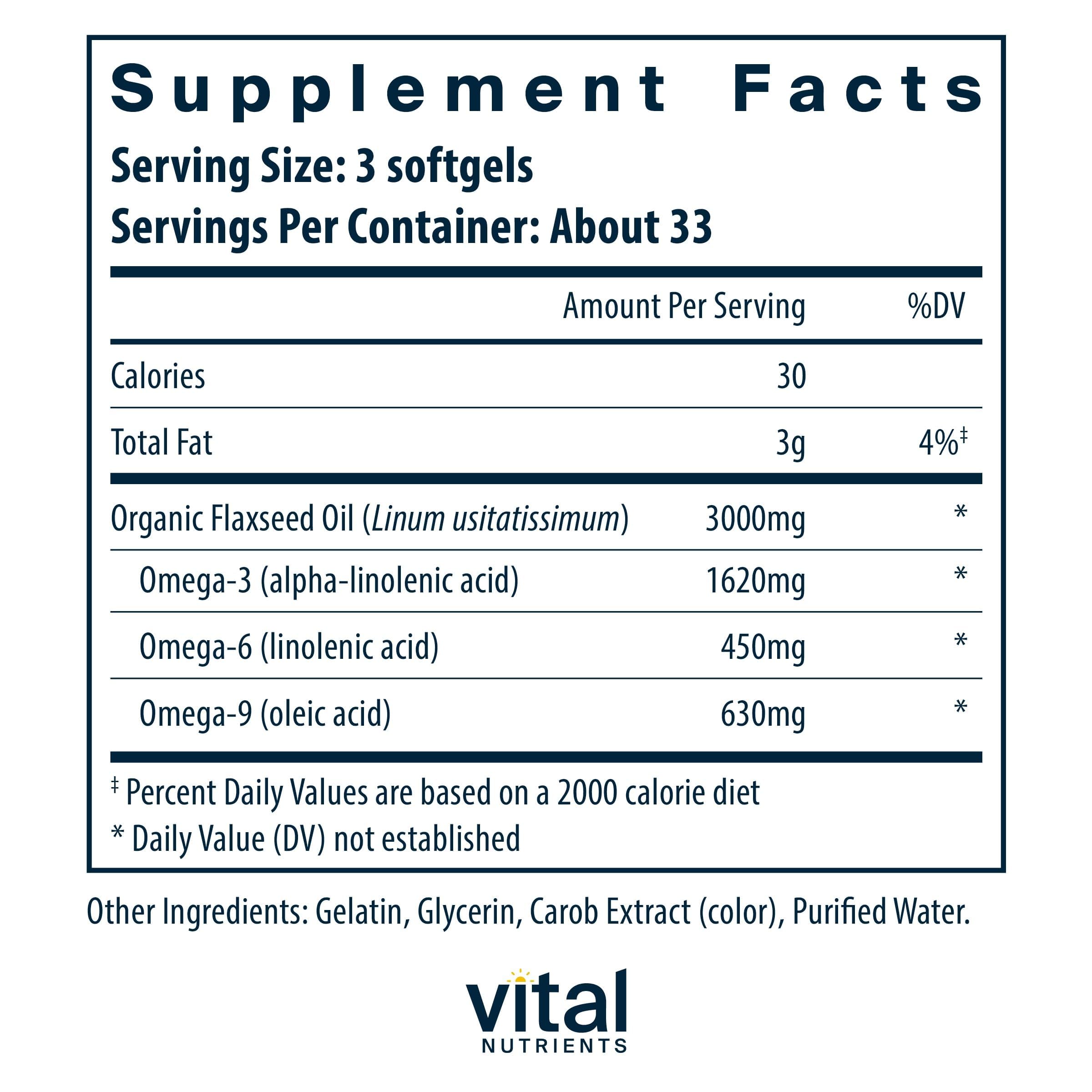 Vital Nutrients Flax Seed Oil 3000mg softgels back view with nutritional information