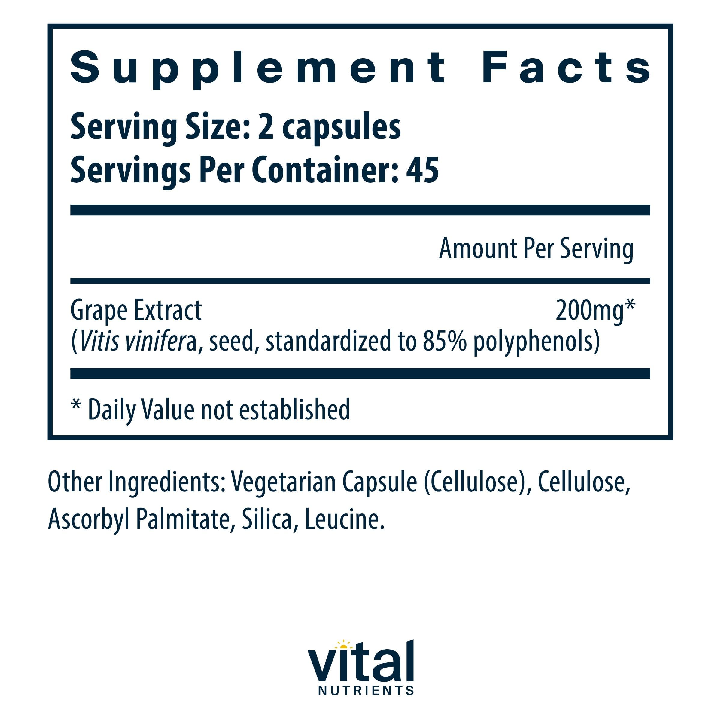 Vital Nutrients Grape Seed Extract 200mg capsule bottle side view