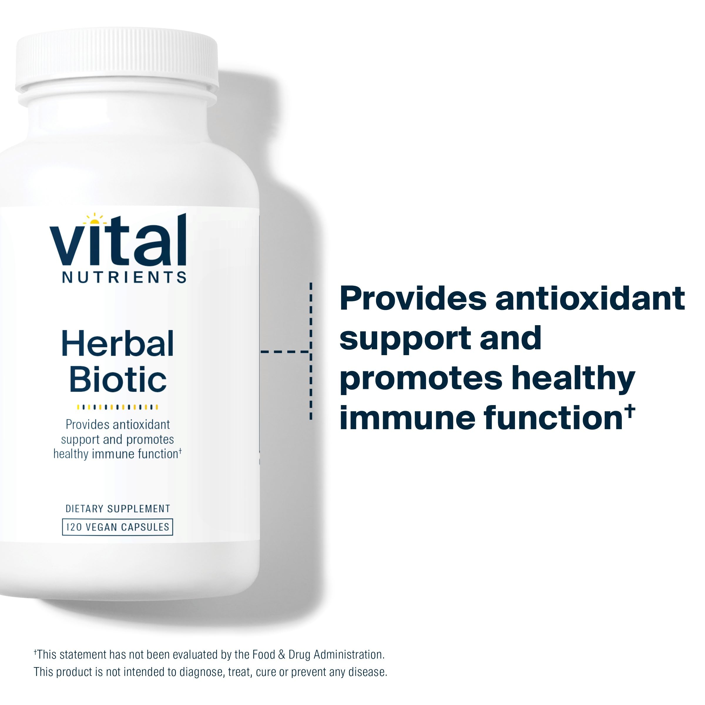 Vital Nutrients Herbal Biotic supplement packaging on a wooden table
