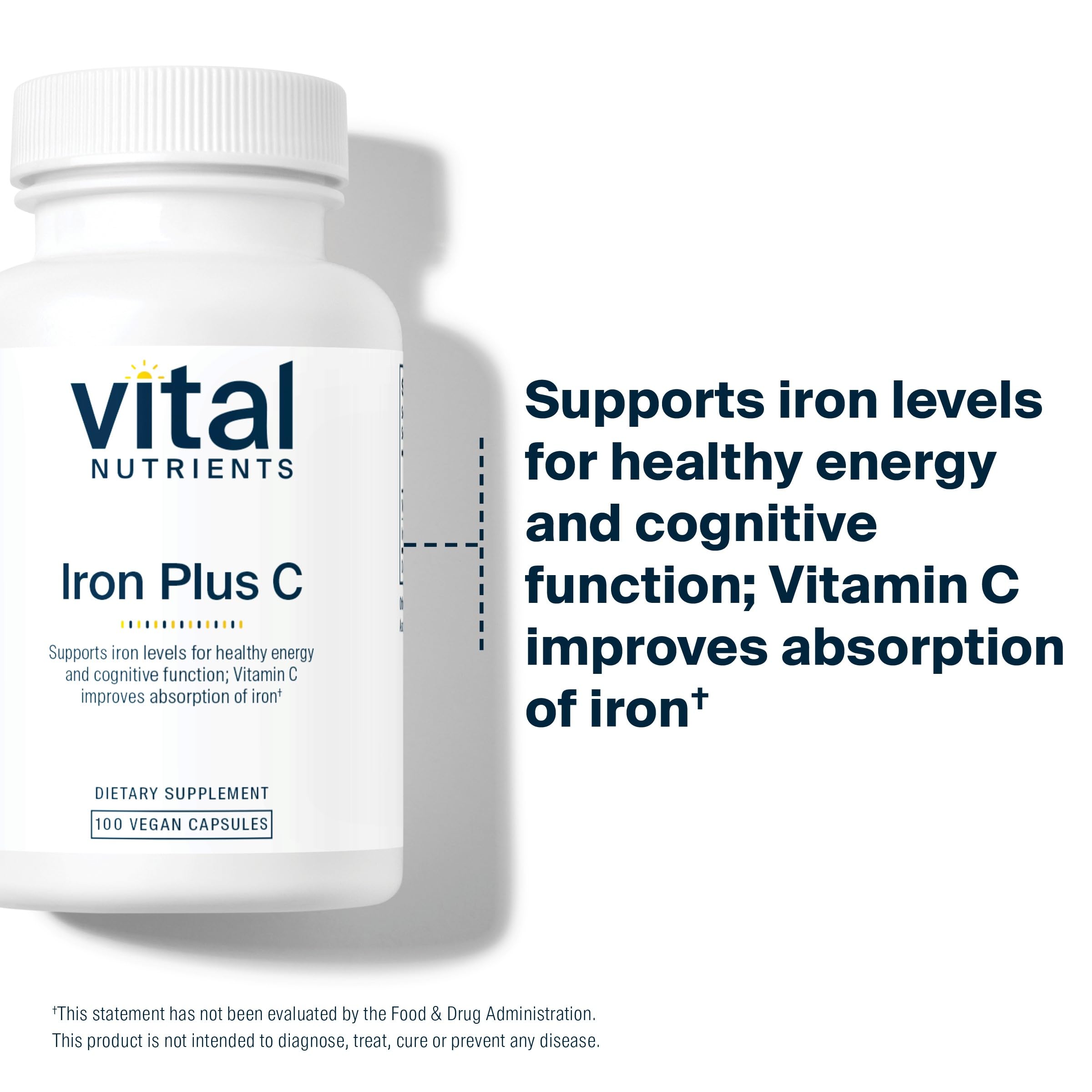 Vital Nutrients Iron Plus C bottle with a measuring spoon
