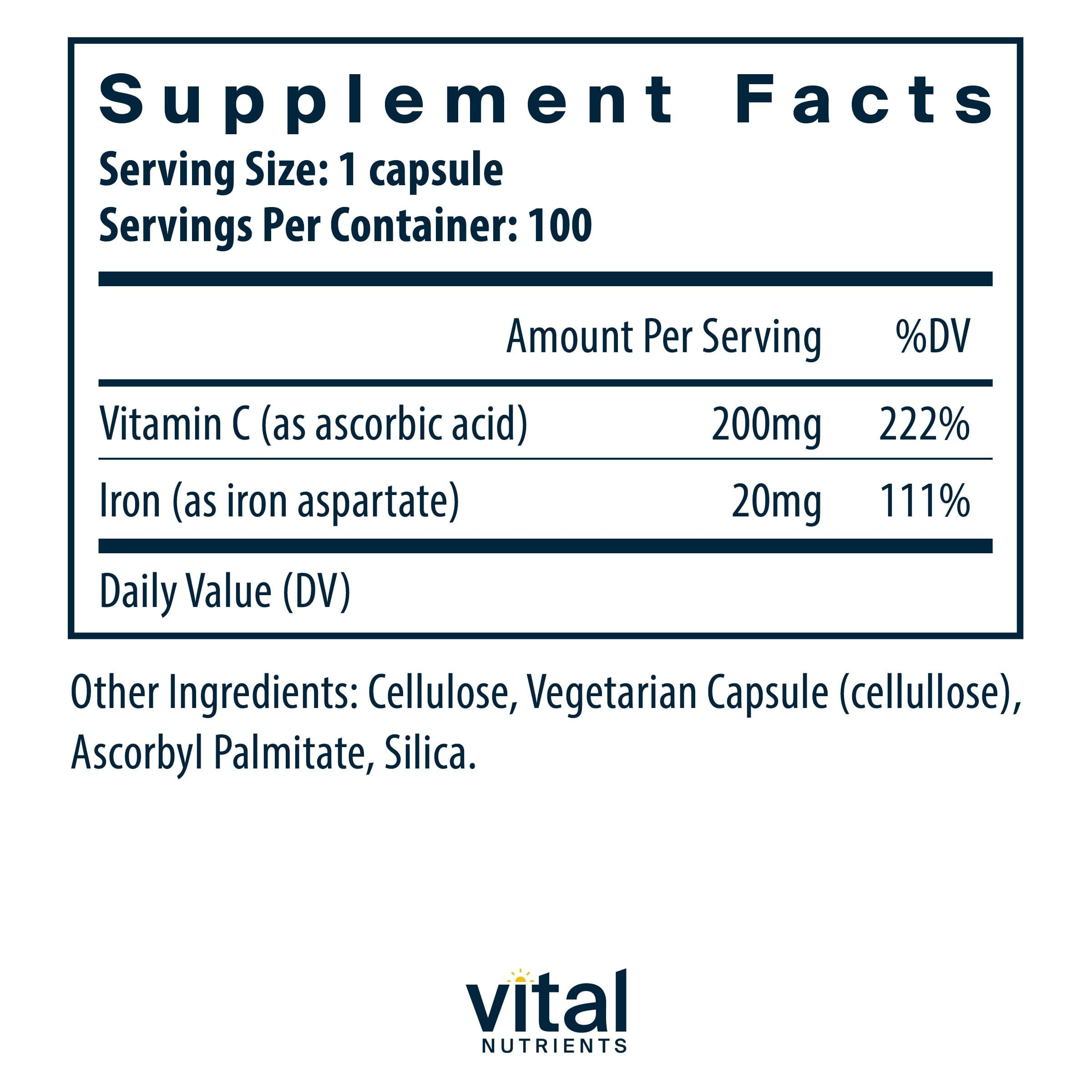 Vital Nutrients Iron Plus C supplement bottle side view