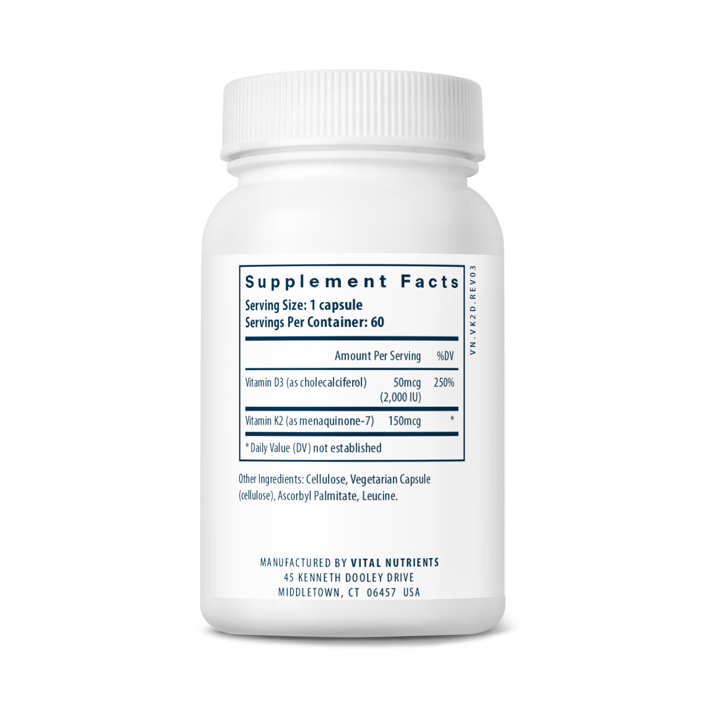 Vital Nutrients K2 D3 Vitamin Supplement back view with ingredient list