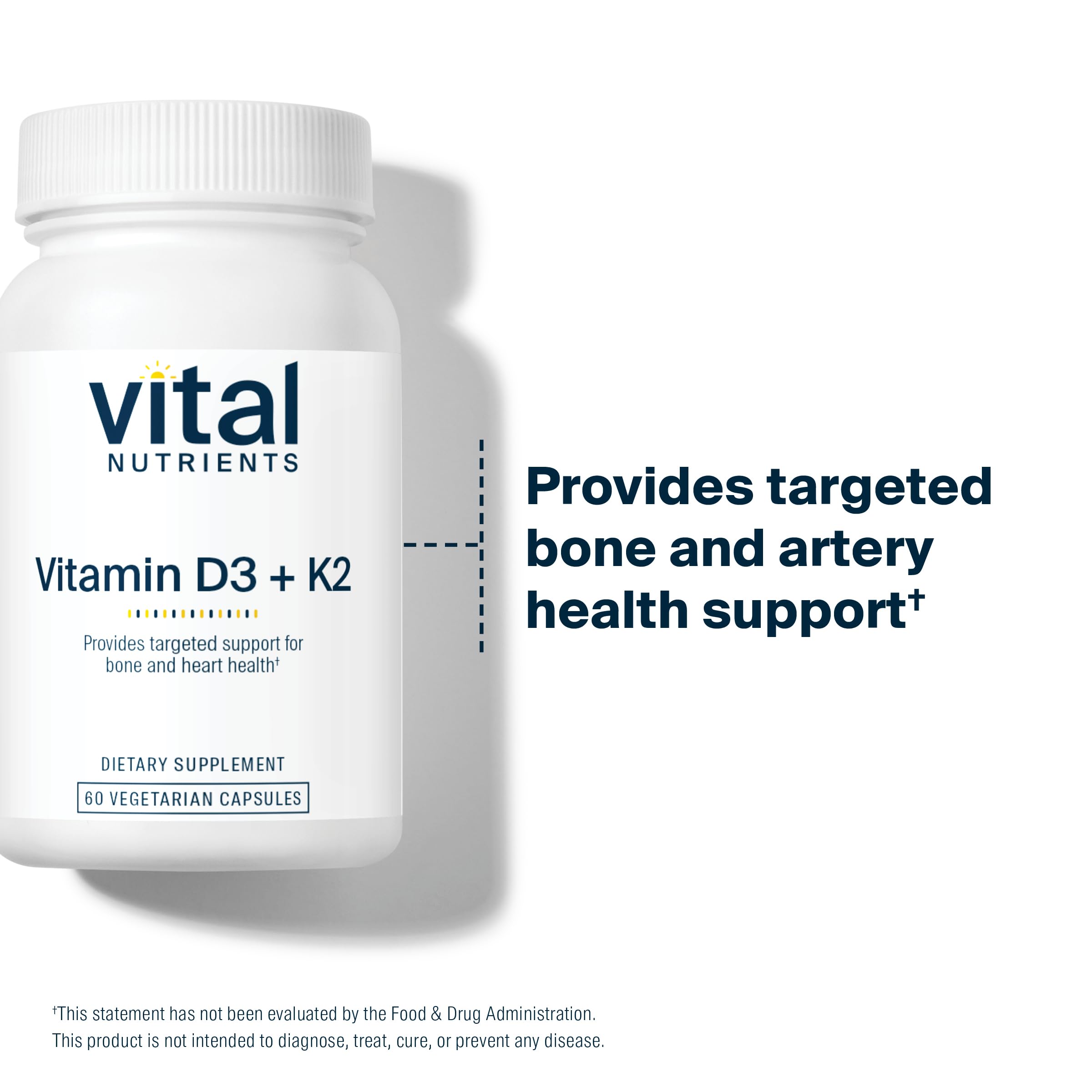 Vital Nutrients K2 D3 Vitamin Supplement displayed on a wooden table