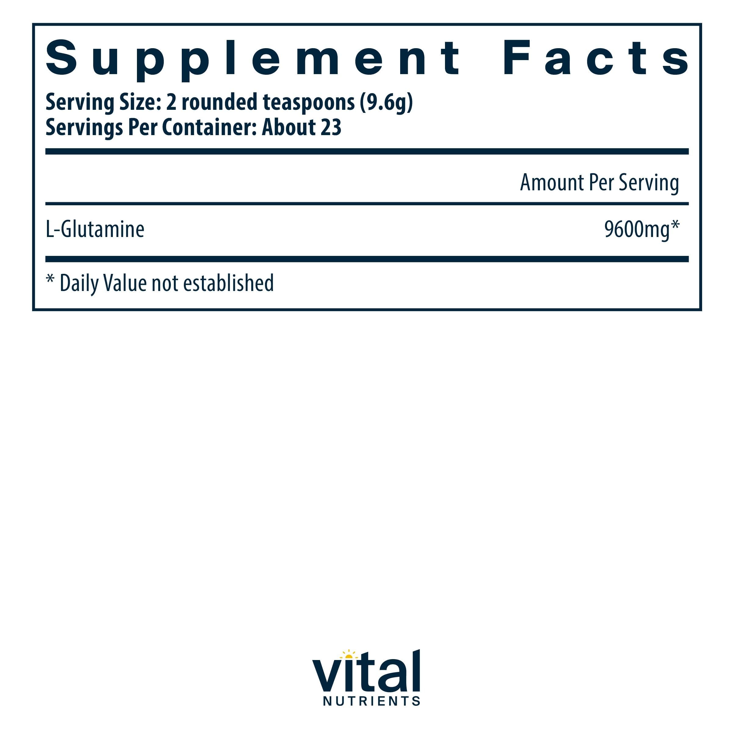 Vital Nutrients L-Glutamine Powder 272g back view with nutritional information