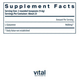 Vital Nutrients L-Glutamine Powder 272g back view with nutritional information