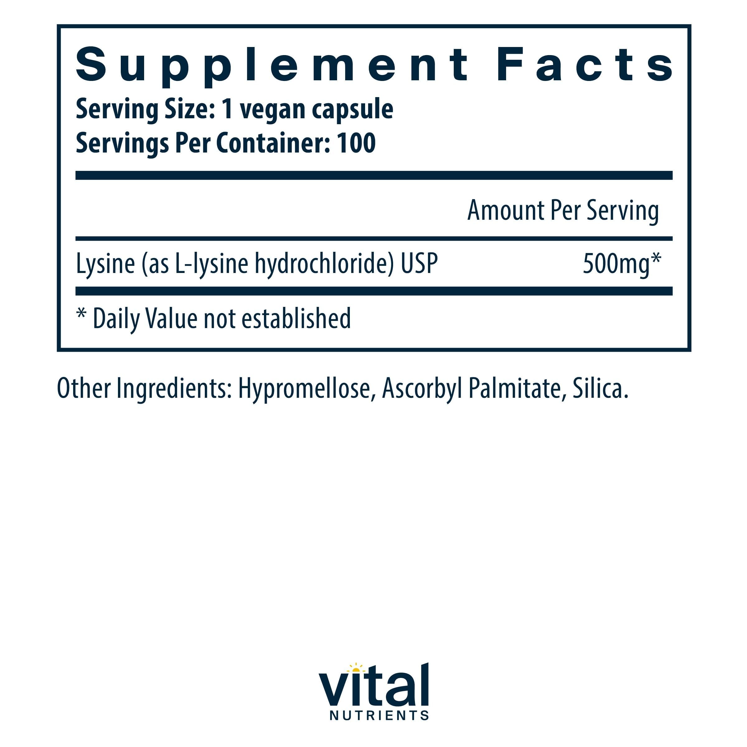Vital Nutrients L-Lysine 500mg capsule bottle side view