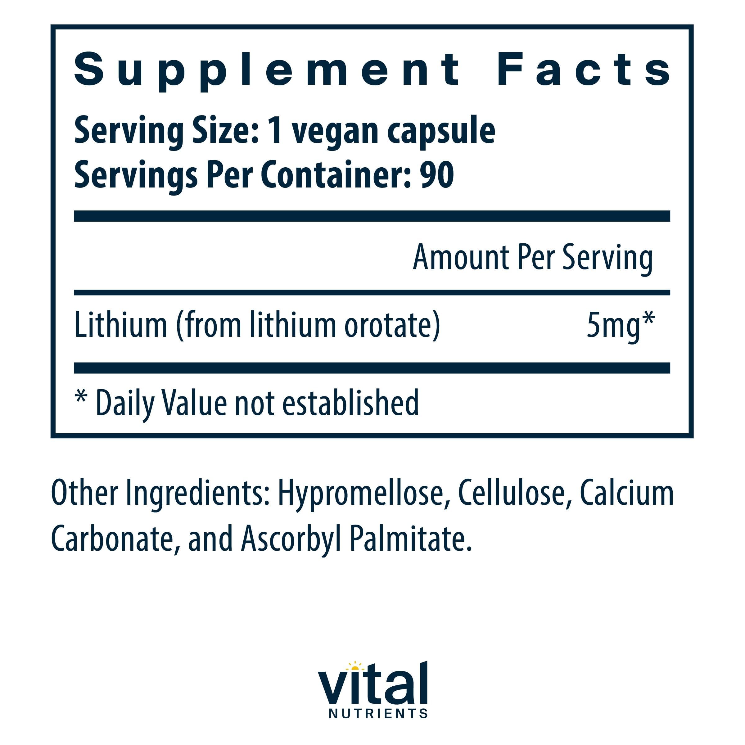 Vital Nutrients Lithium Orotate 90 vegan capsules side view