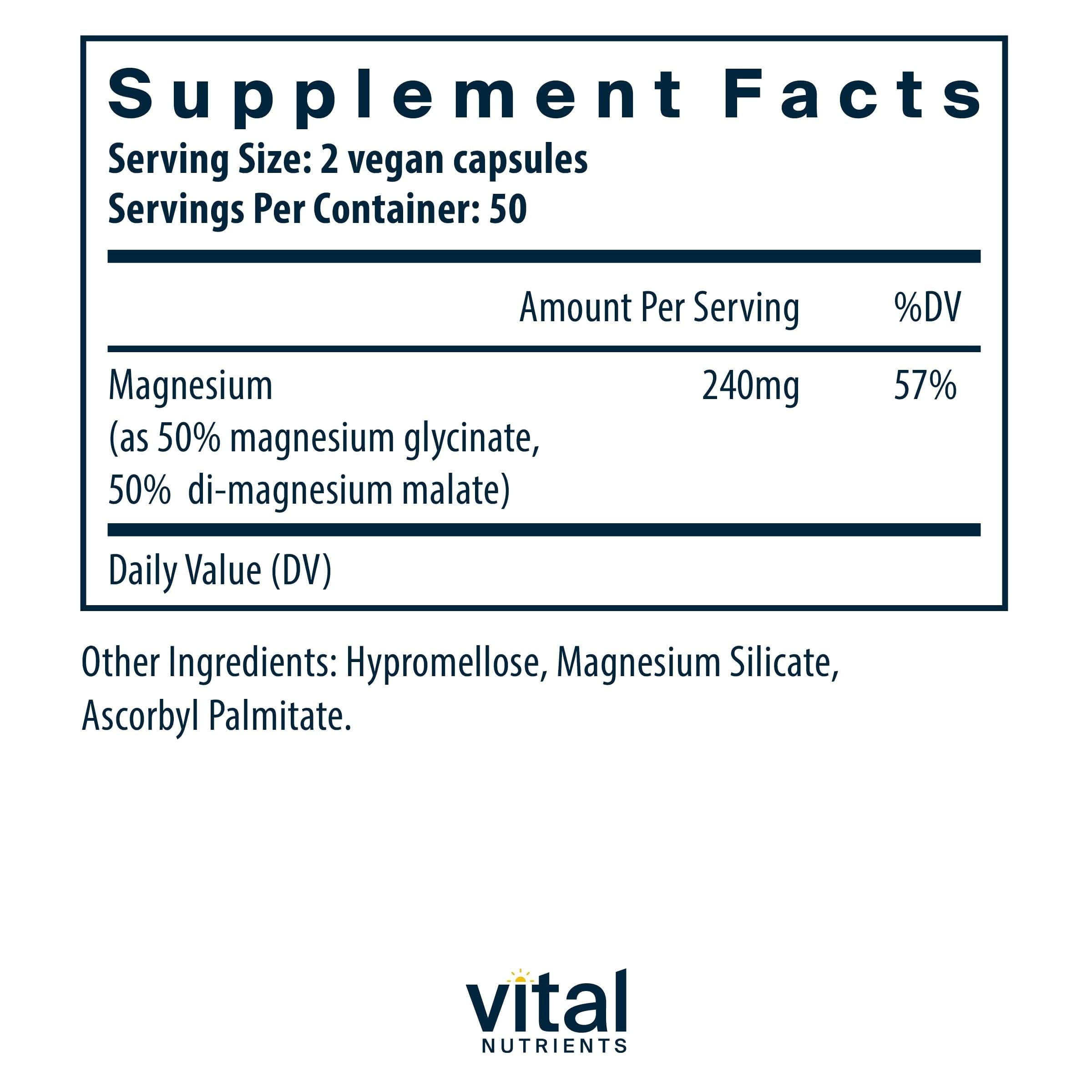 Vital Nutrients Magnesium Malate + Glycinate 240mg supplement side view