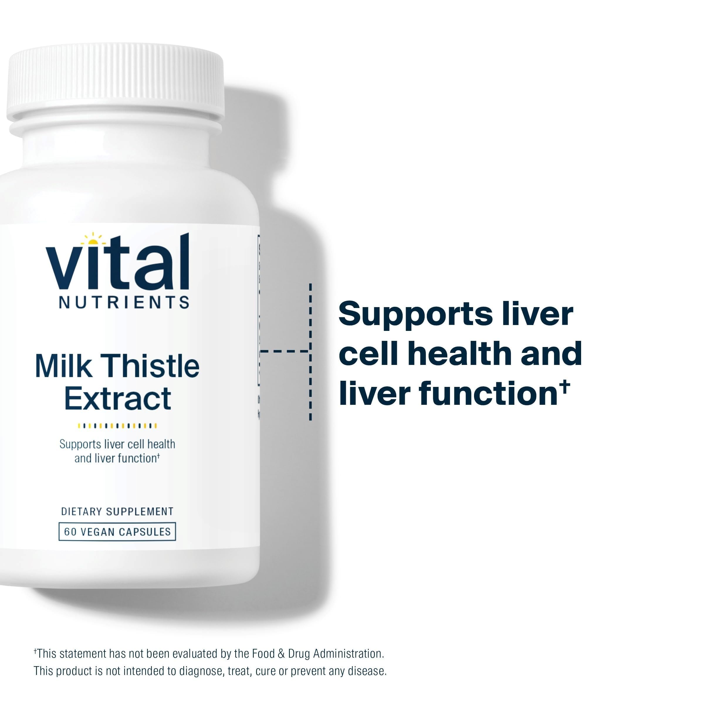 Vital Nutrients Milk Thistle Extract 250mg capsules on a wooden surface