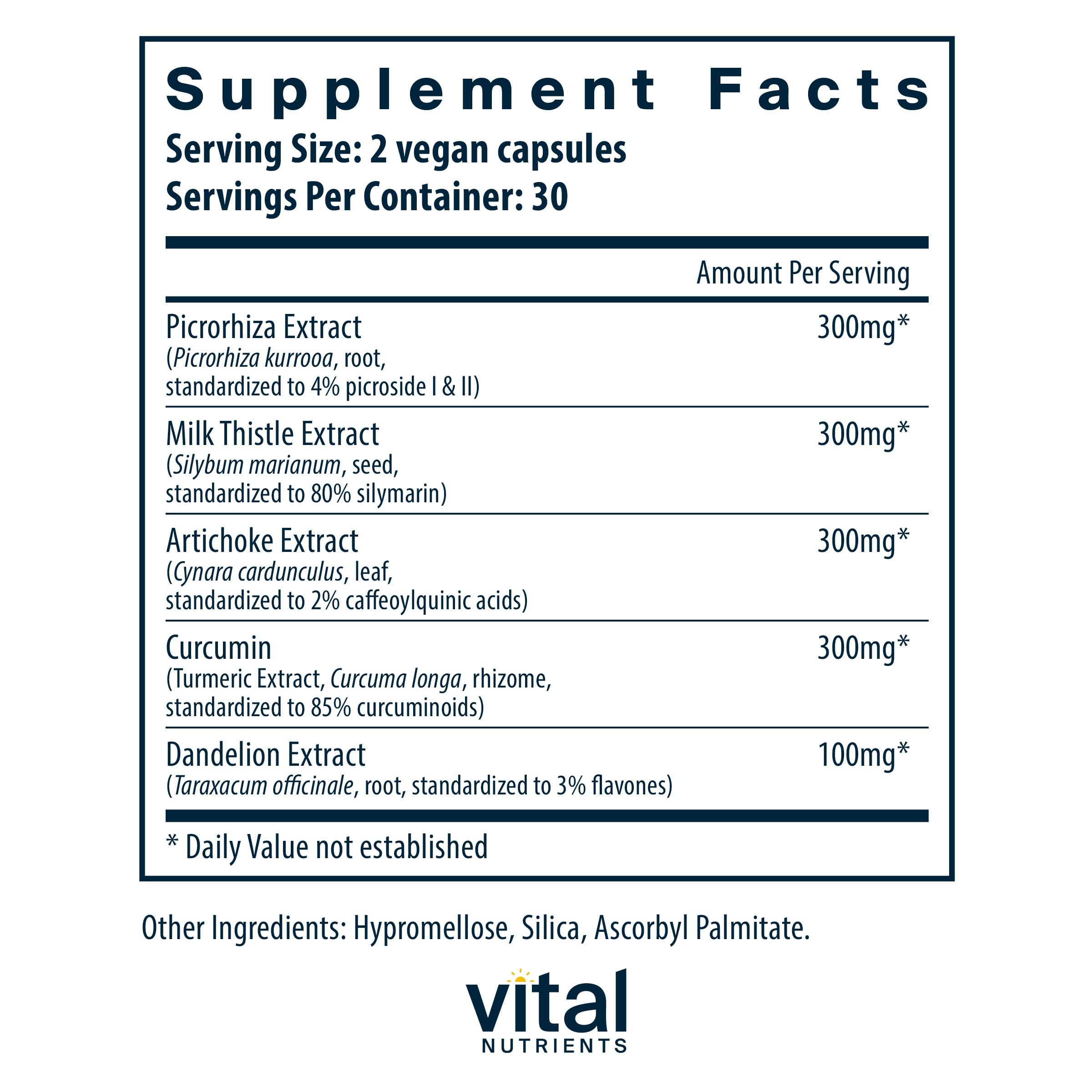 Vital Nutrients Milk Thistle Herbal Supplement side view with ingredients