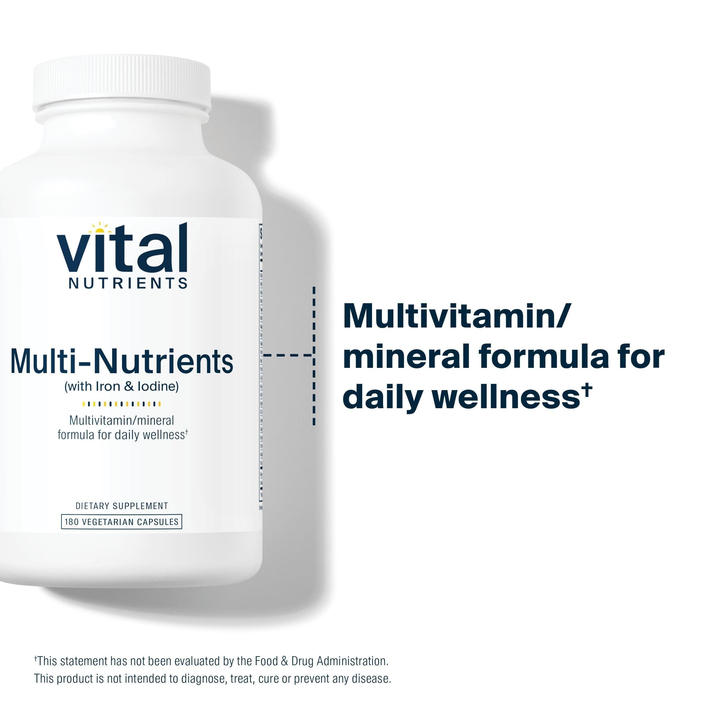 Vital Nutrients Multi-Nutrients capsules on a wooden table