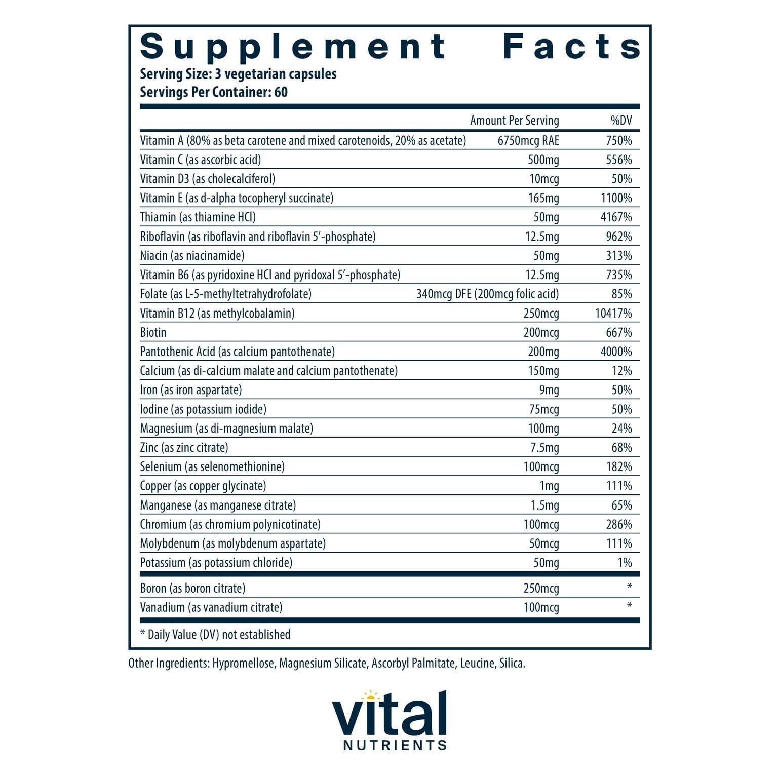 Vital Nutrients Multi-Nutrients side view with supplement facts