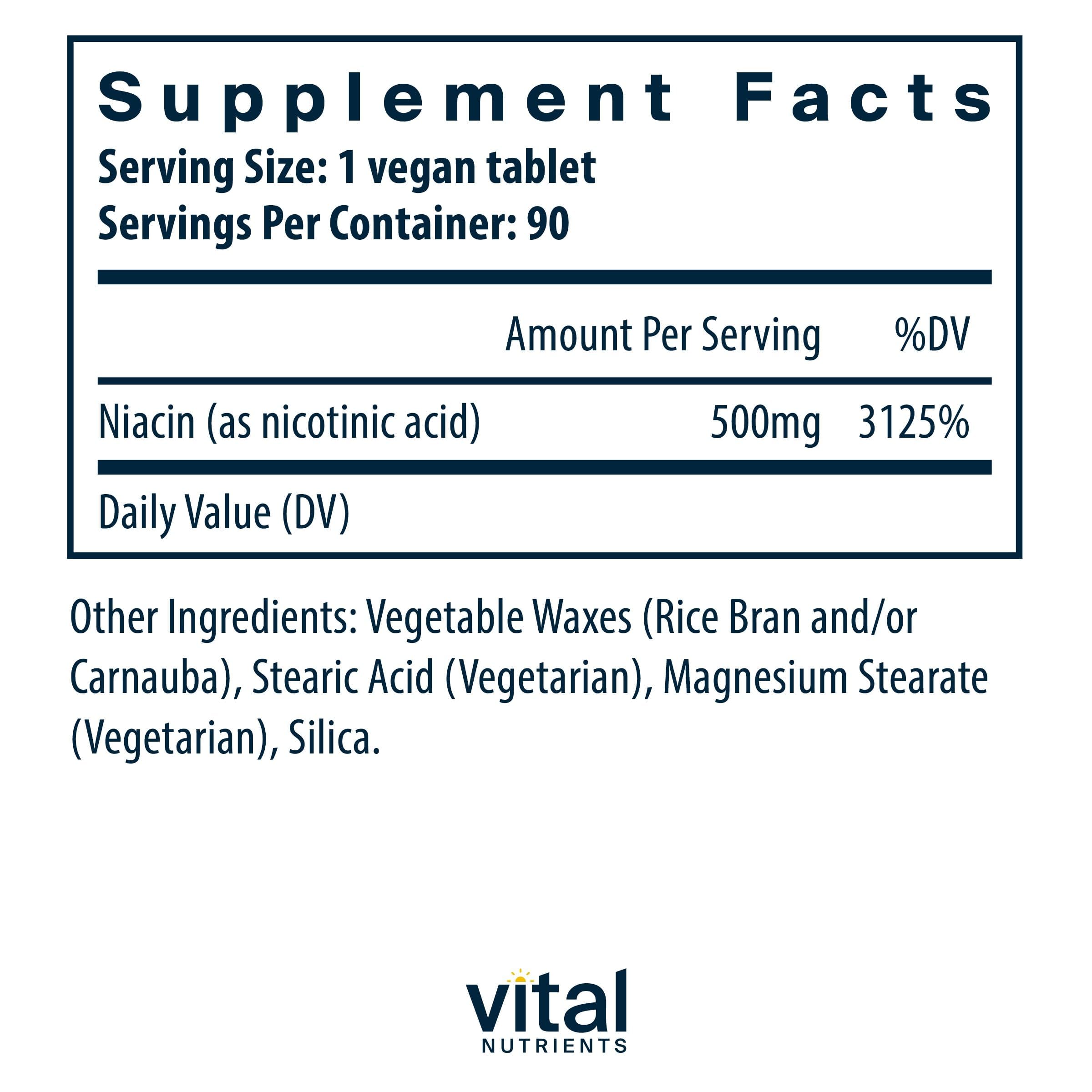 Vital Nutrients Niacin B3 500mg supplement side view